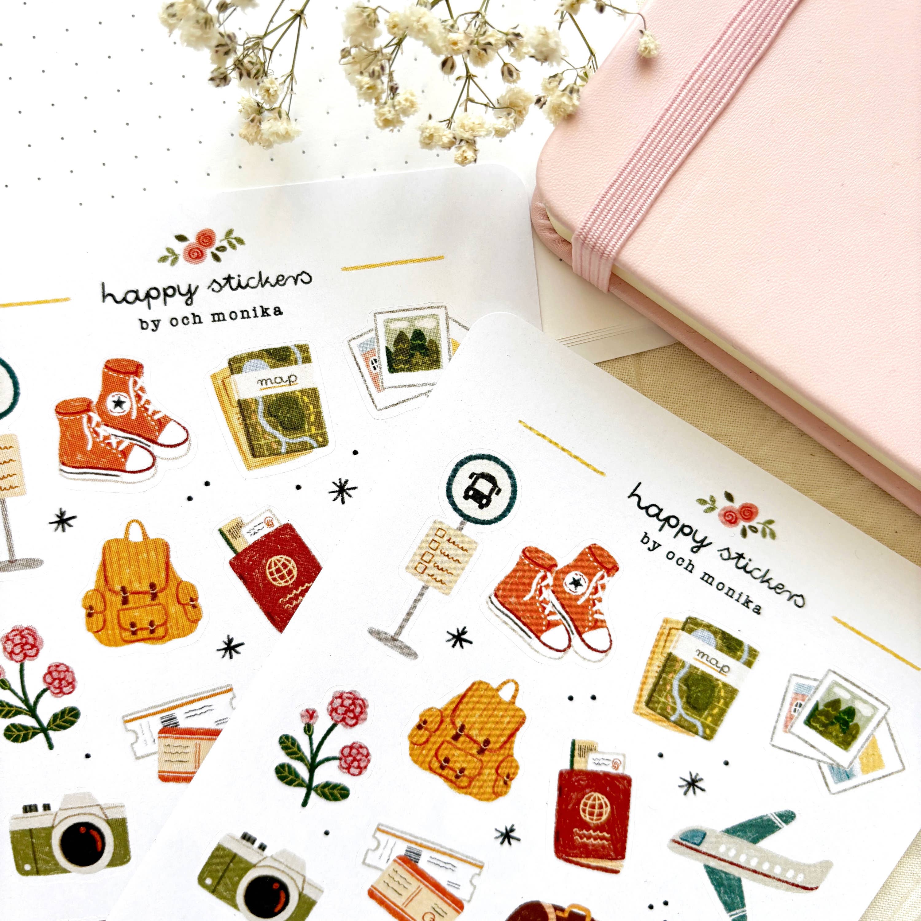 sticker sheet with backpacks, shoes, books