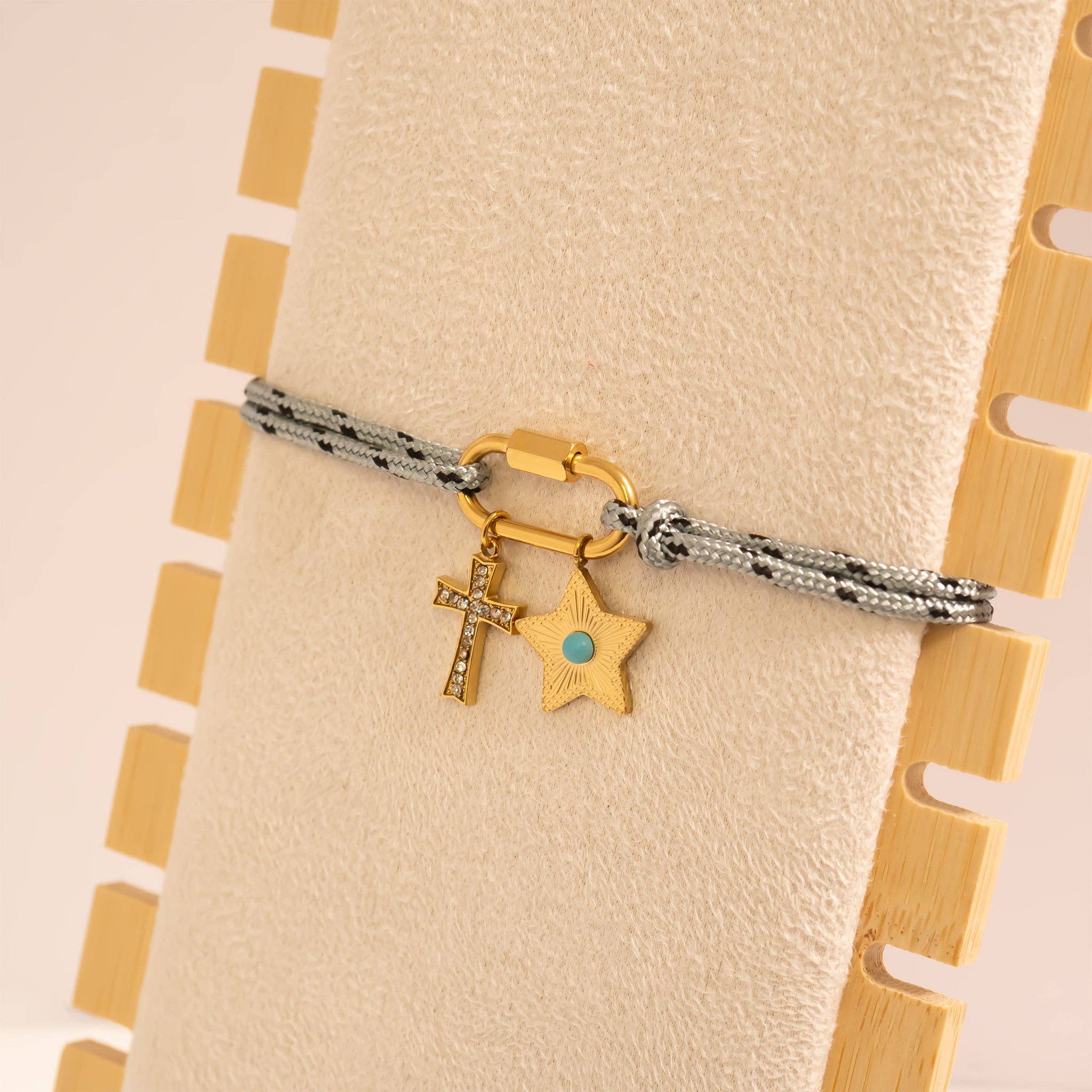 18K Gold PVD Stainless Steel Grey Rope Carabiner Bracelet