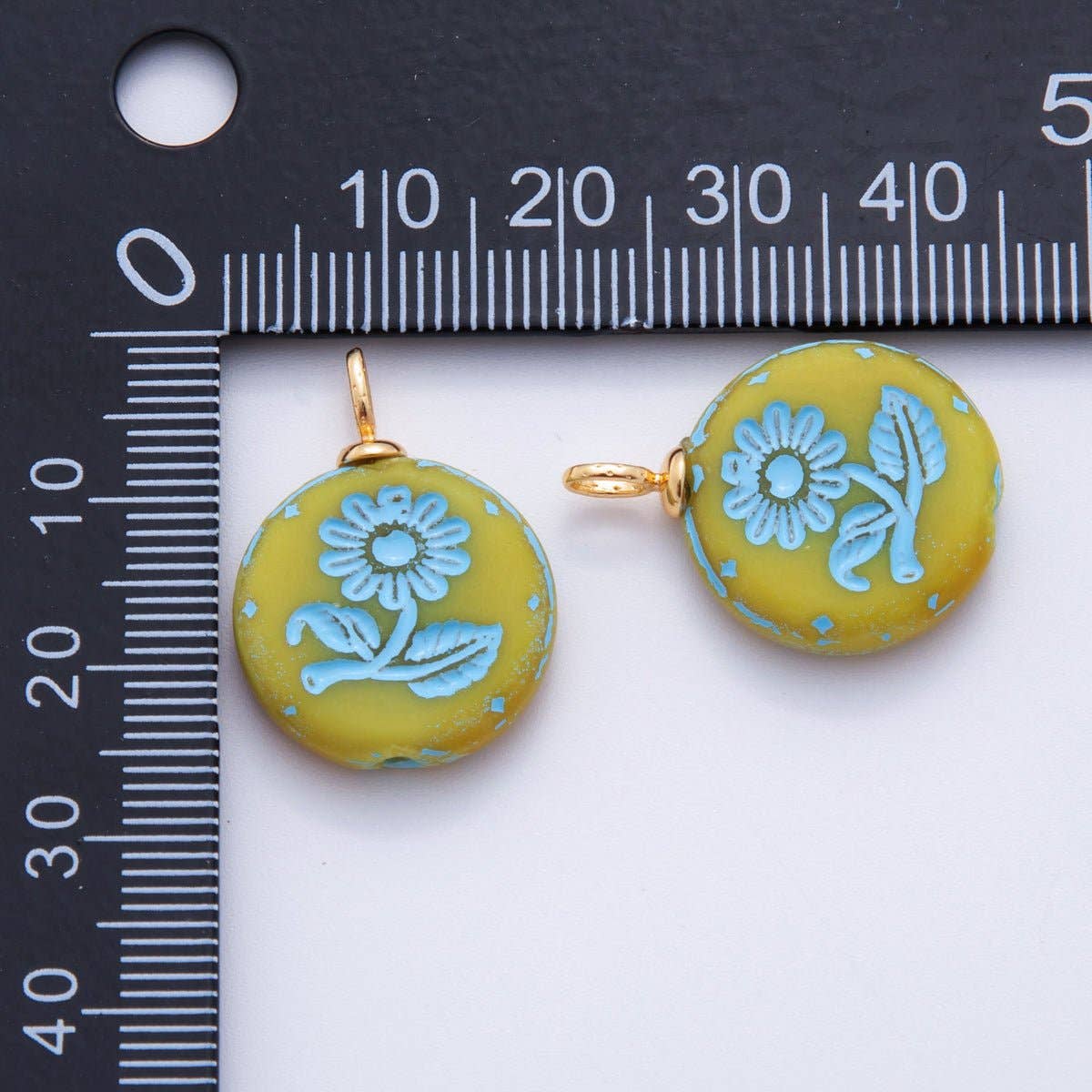 18K Gold Filled Blue Daisy Flower Green Round Drop Pendant |