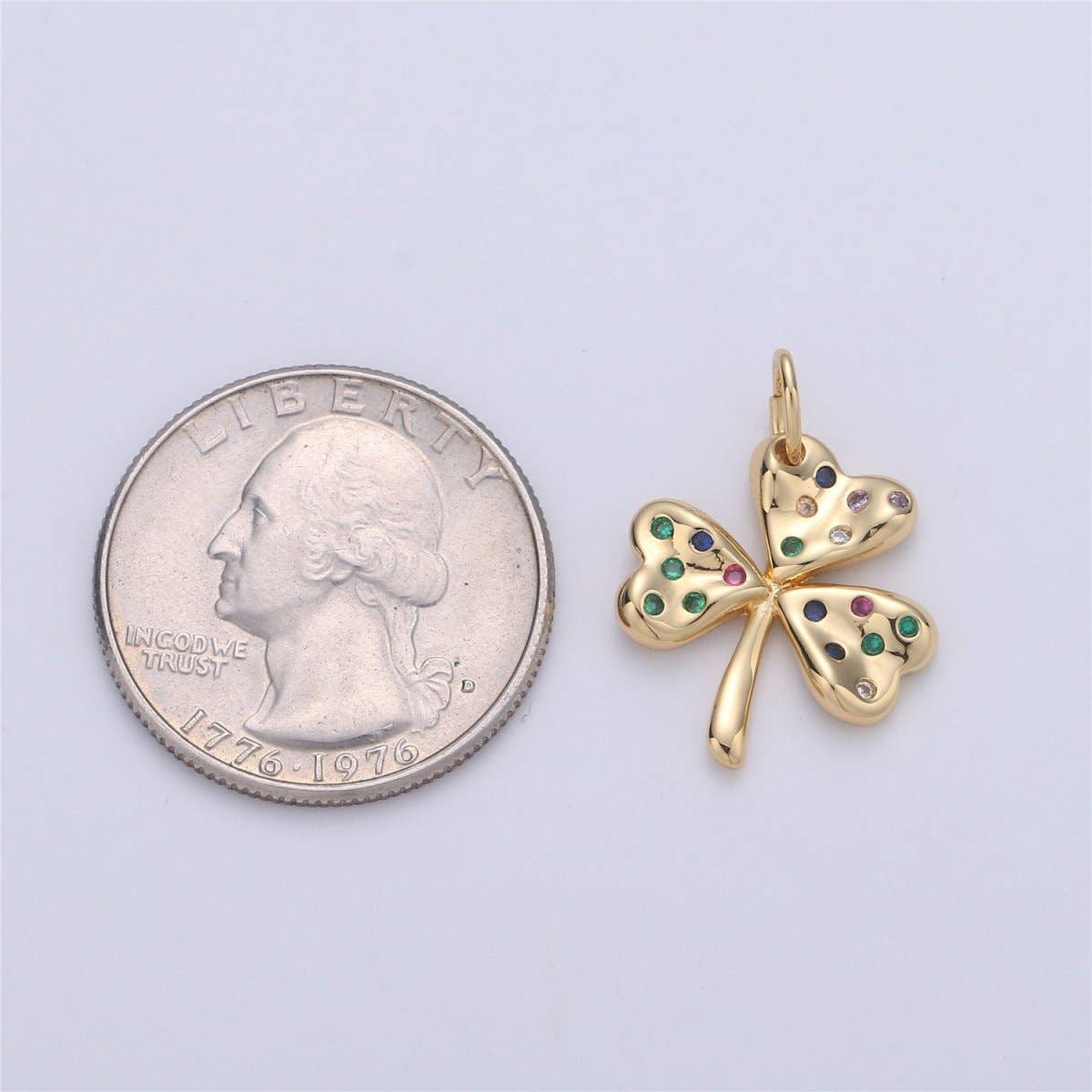 24K Gold Filled Rustic Lucky Charm Good Luck 4 Leaves Clover with Multi Color Rainbow CZ Stone for Necklace or Bracelet | M-892