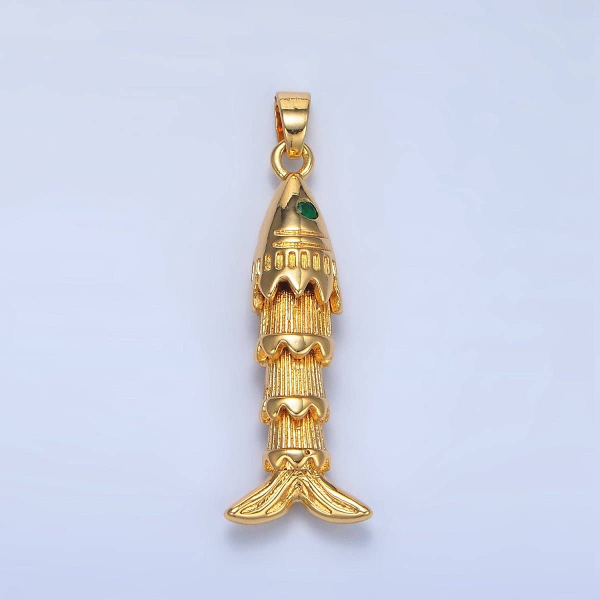 24K Gold Filled 35mm Green CZ Multidimensional Artisan Fish Charm | AA967