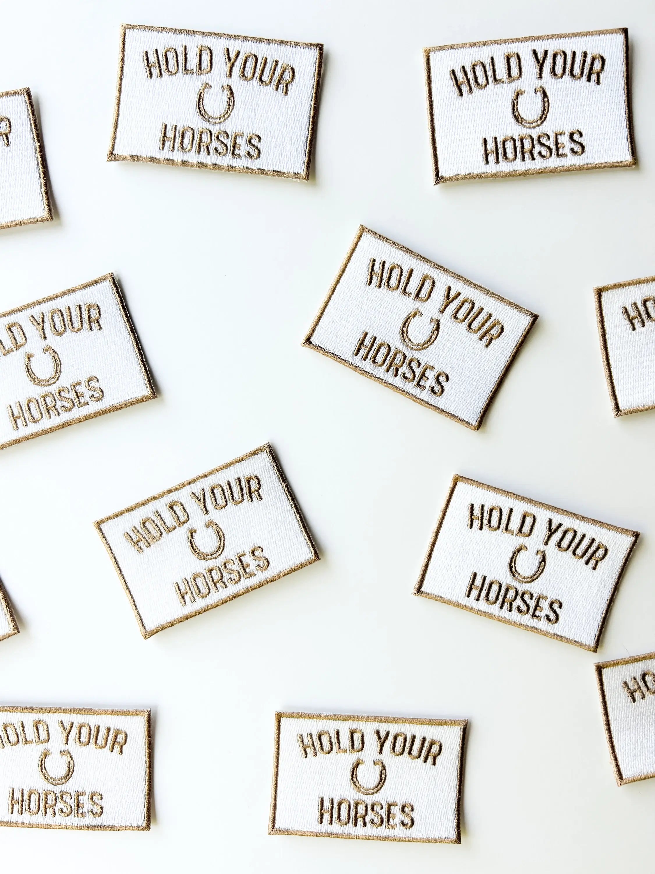 Brown and White Hold Your Horses Iron On Patch