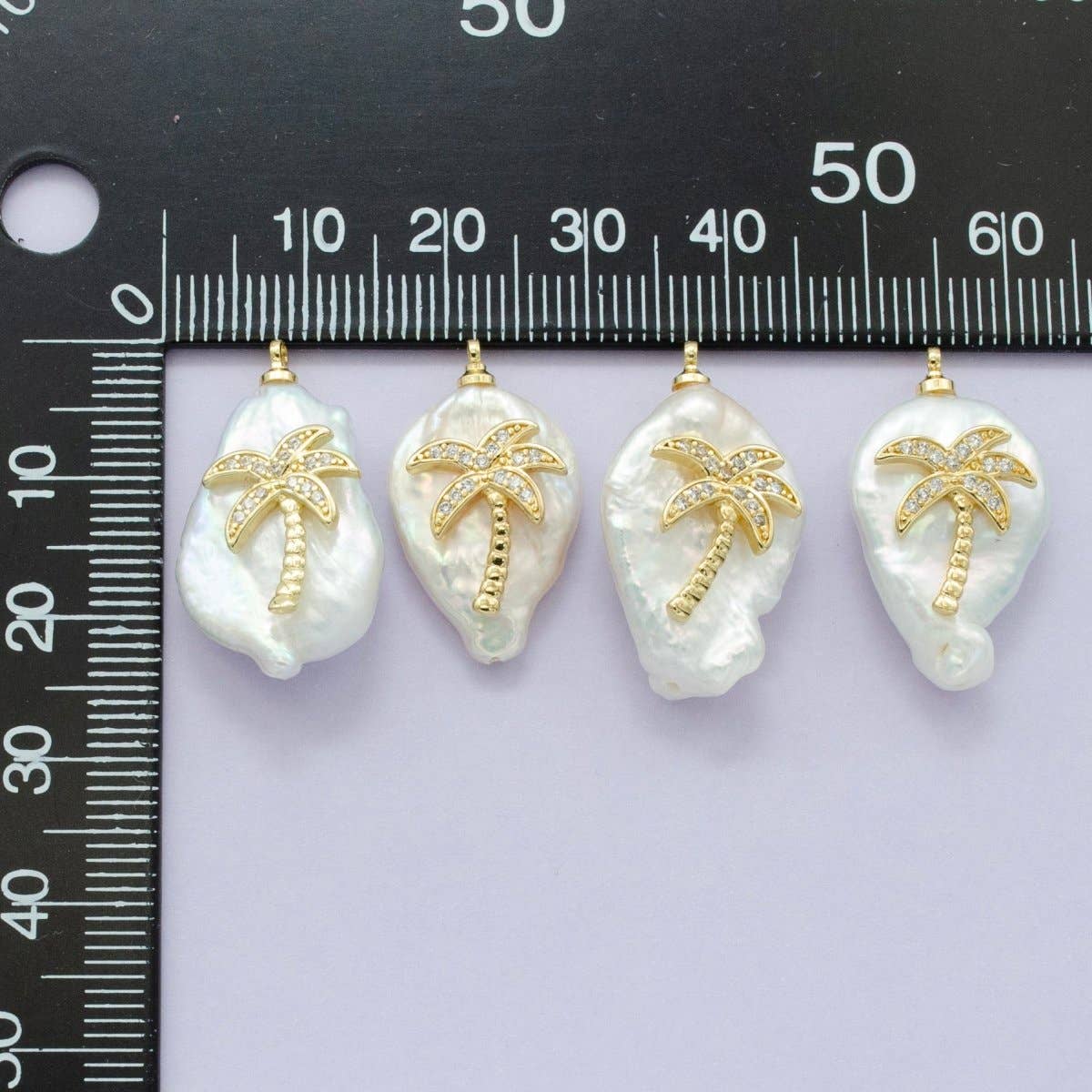 16K Gold Filled Palm Tree Micro Paved CZ Freshwater Pearl Charm | AC1331 P1561