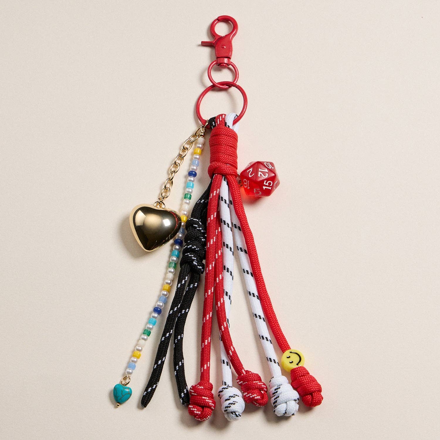 Gold D20 Dice and Heart | Charm Keychain with Red Rope Accent