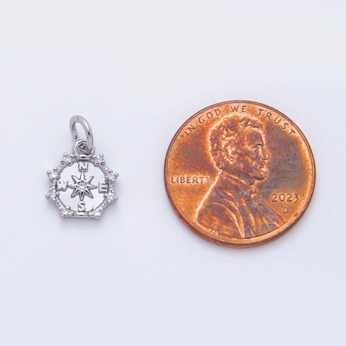 18K Gold Filled 14mm Micro Paved CZ Compact Travel Compass Charm in Gold & Silver | C630