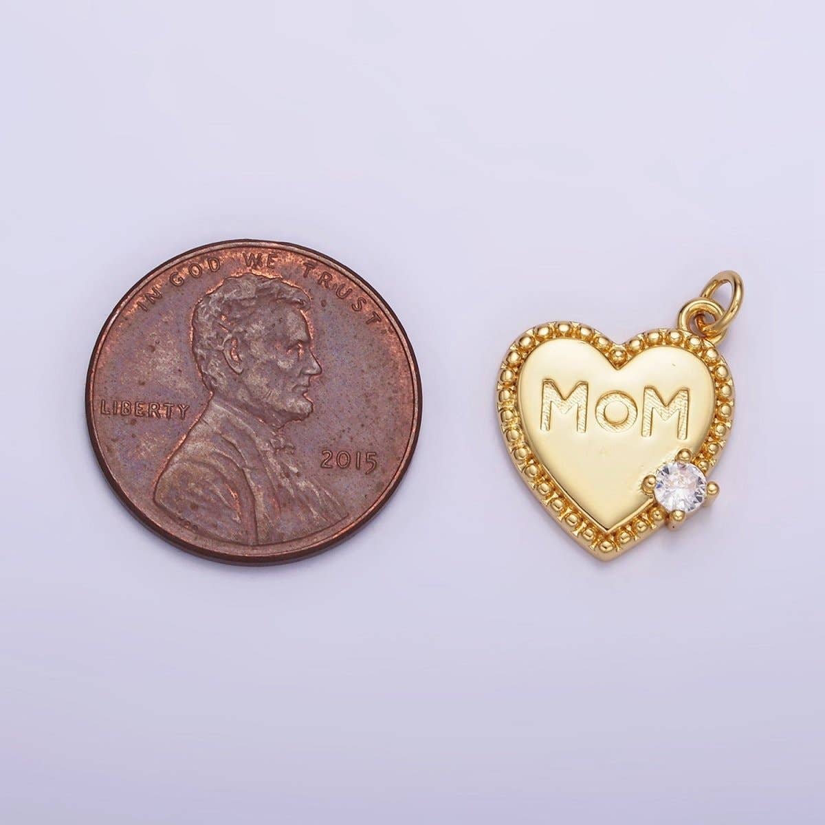 14K Gold Filled CZ "MOM" Script Beaded Bezel Charm |