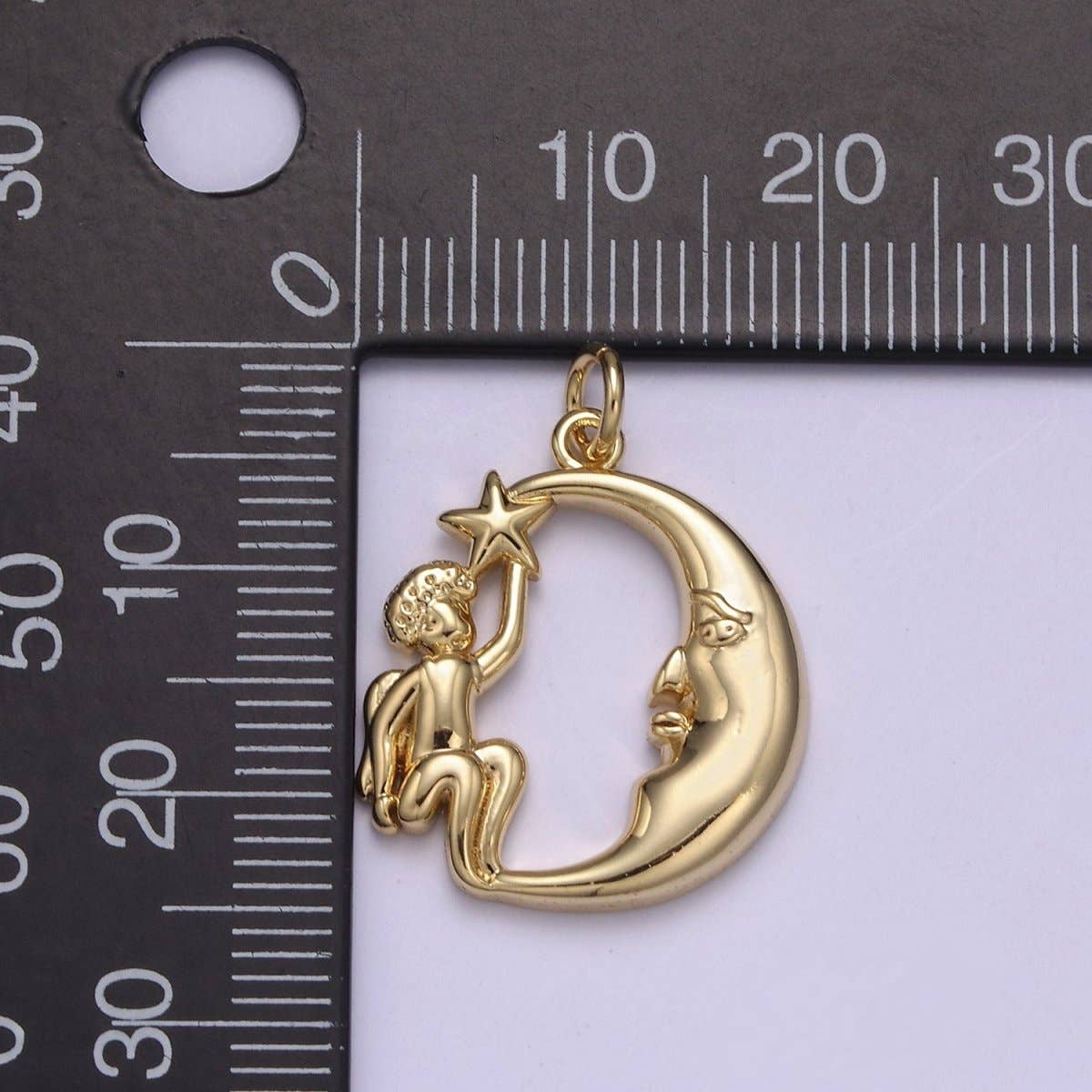 Dainty Gold Angel Holding Star with Crescent Moon