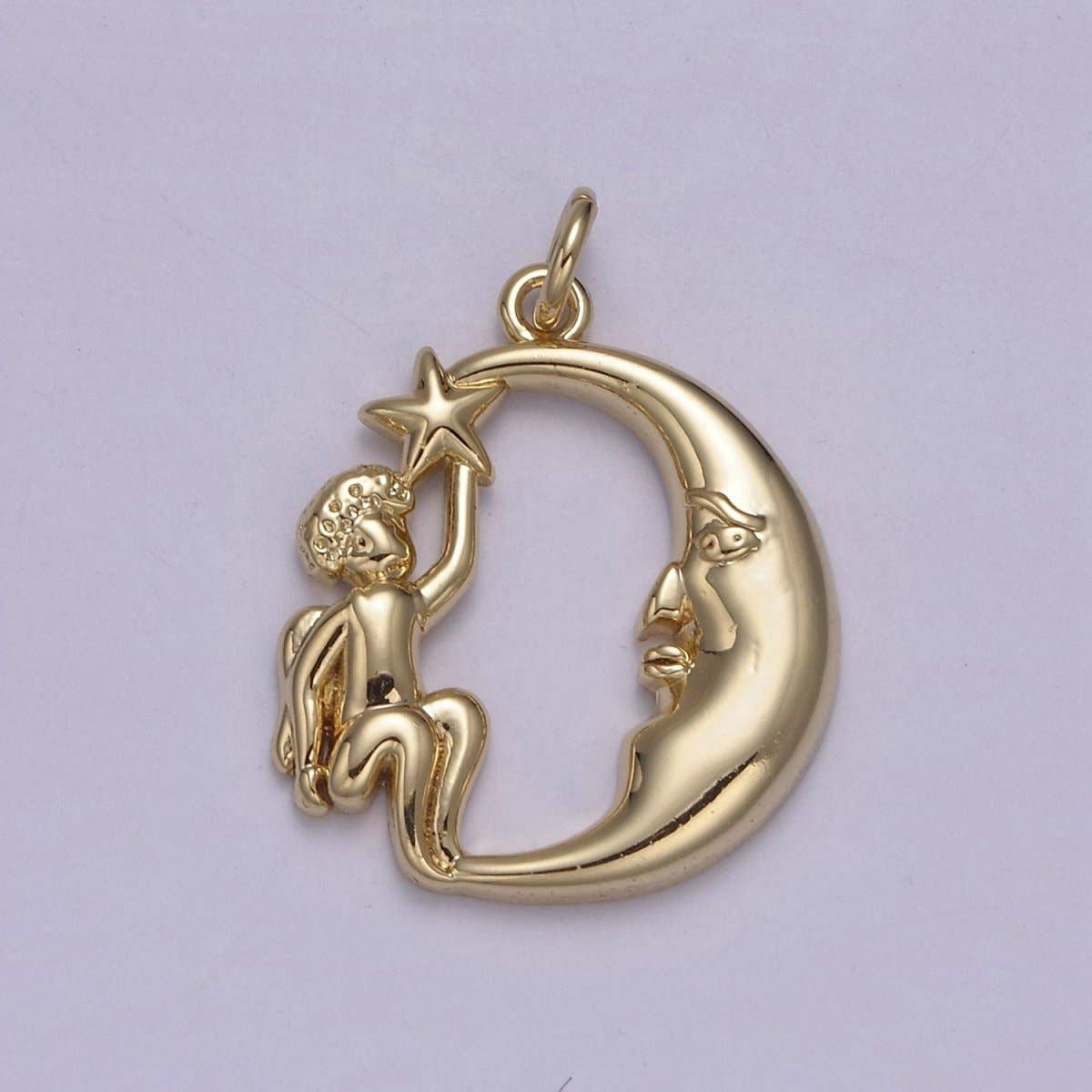 Dainty Gold Angel Holding Star with Crescent Moon