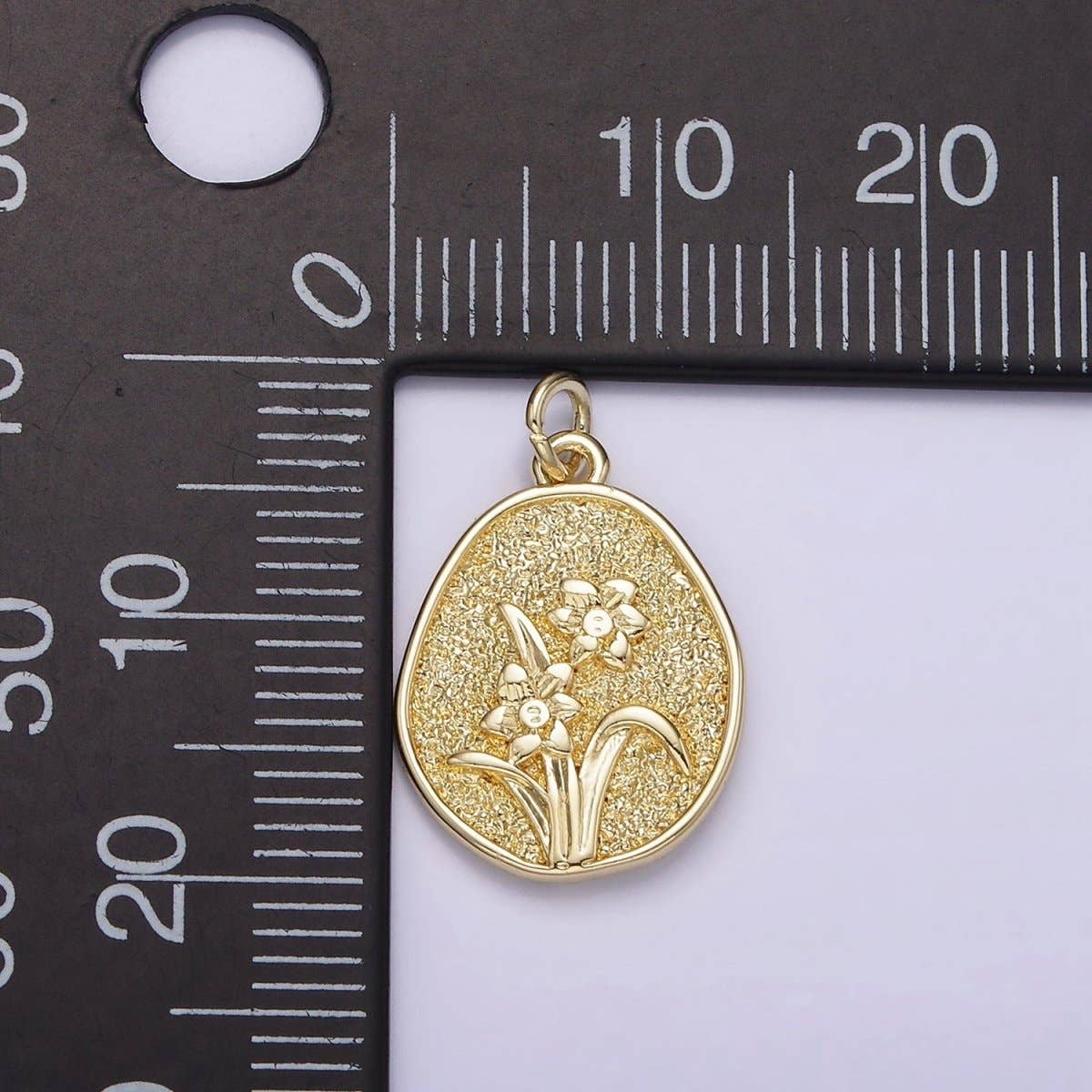 14K Gold Filled Daffodil March Birth Flower Hammered Stamped Personalized Double Sided Charm |