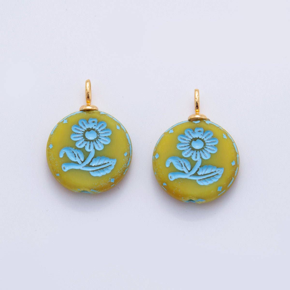18K Gold Filled Blue Daisy Flower Green Round Drop Pendant |