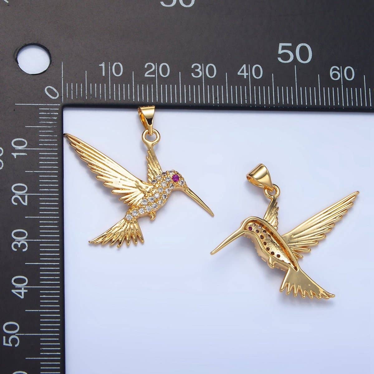 24K Gold Filled Fuchsia Eyed Micro Paved CZ Hummingbird Animal Pendant |
