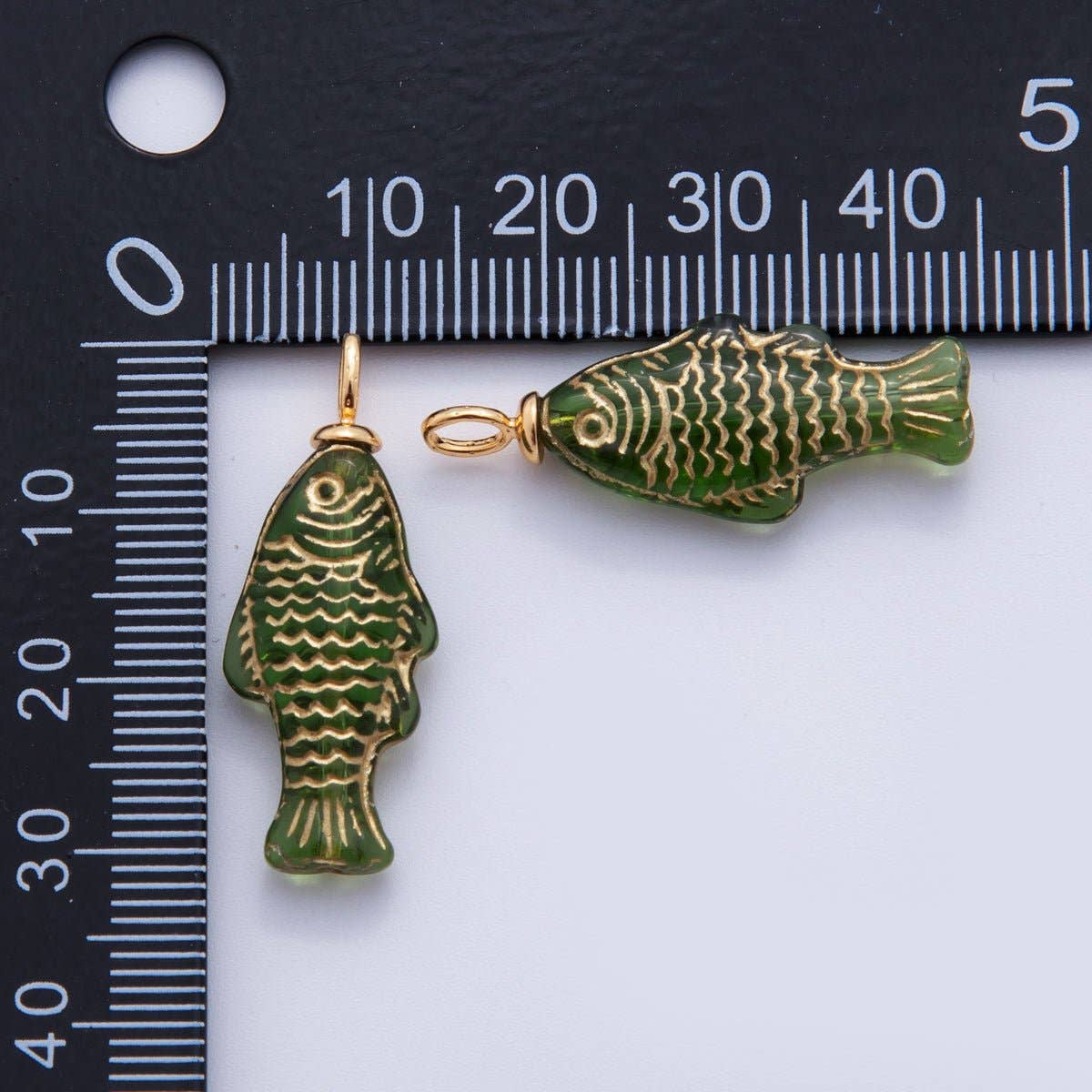 18K Gold Filled Green Gold Scaled Acrylic Multidimensional 3D Fish Drop Charm |