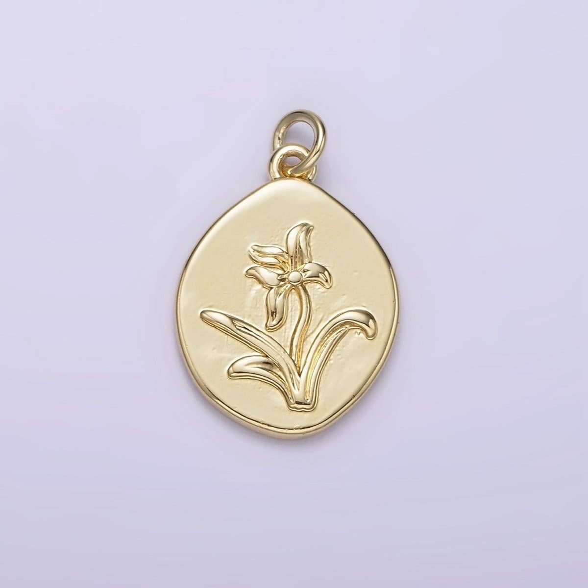 14K Gold Filled Lily May Birth Flower Hammered Stamped Personalized Double Sided Charm |