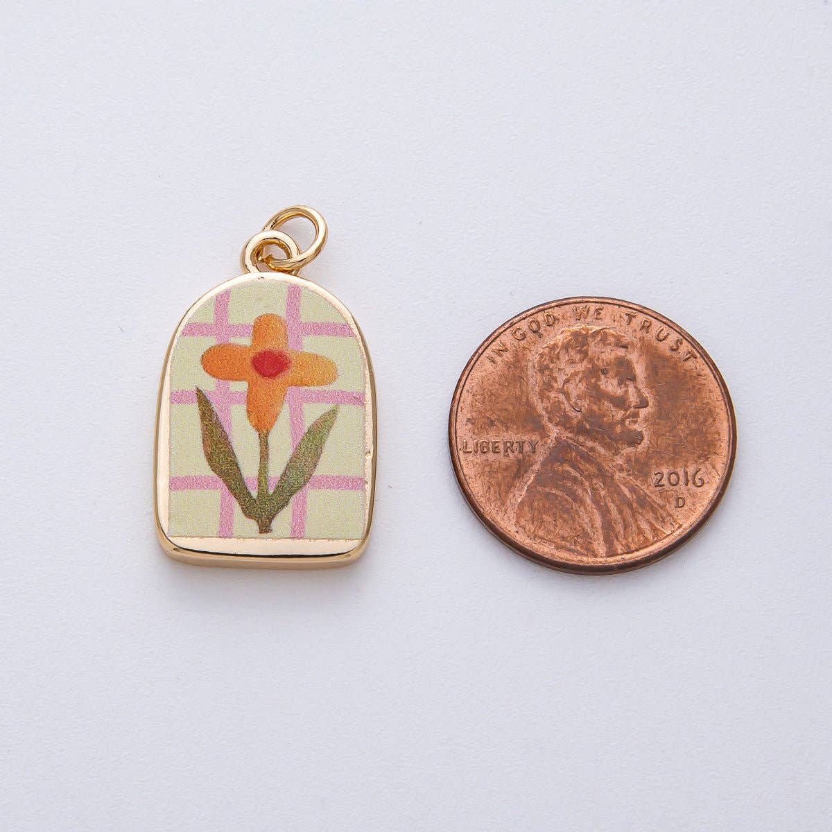 18K Gold Filled 23mm Orange Flower Green Pink Enamel Charm |