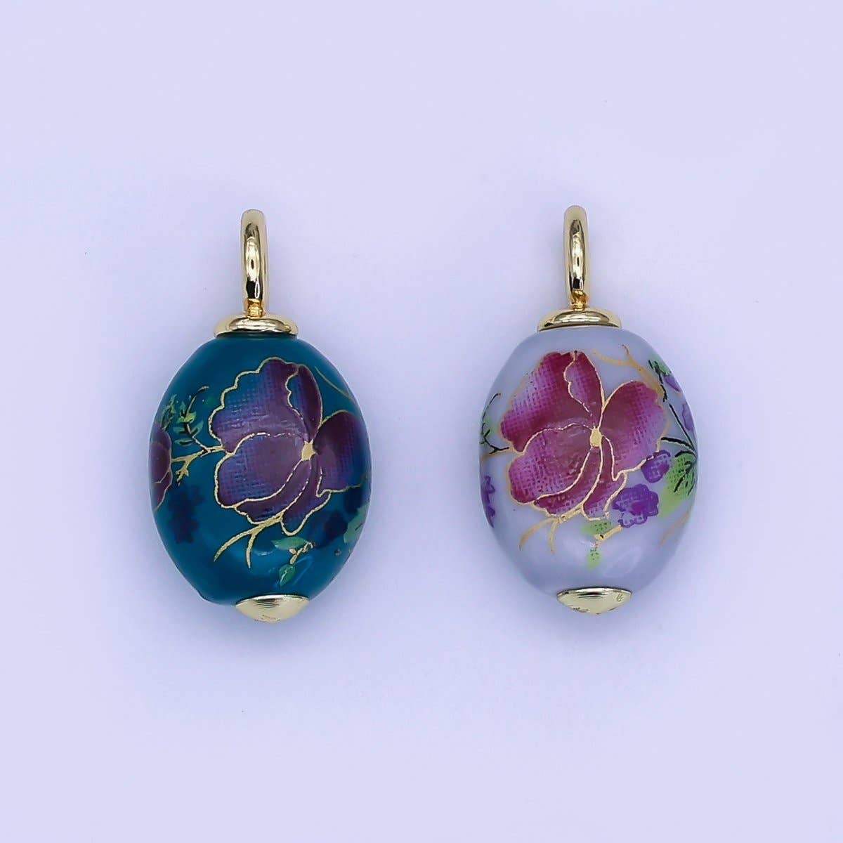24K Gold Filled Blue Flower Sphere Ceramic Drop Pendant | CC580