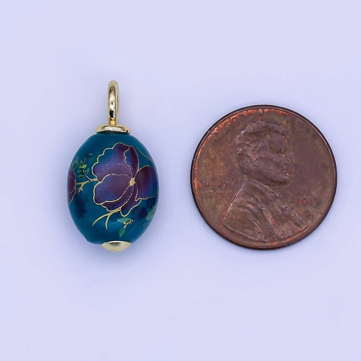 24K Gold Filled Blue Flower Sphere Ceramic Drop Pendant | CC580