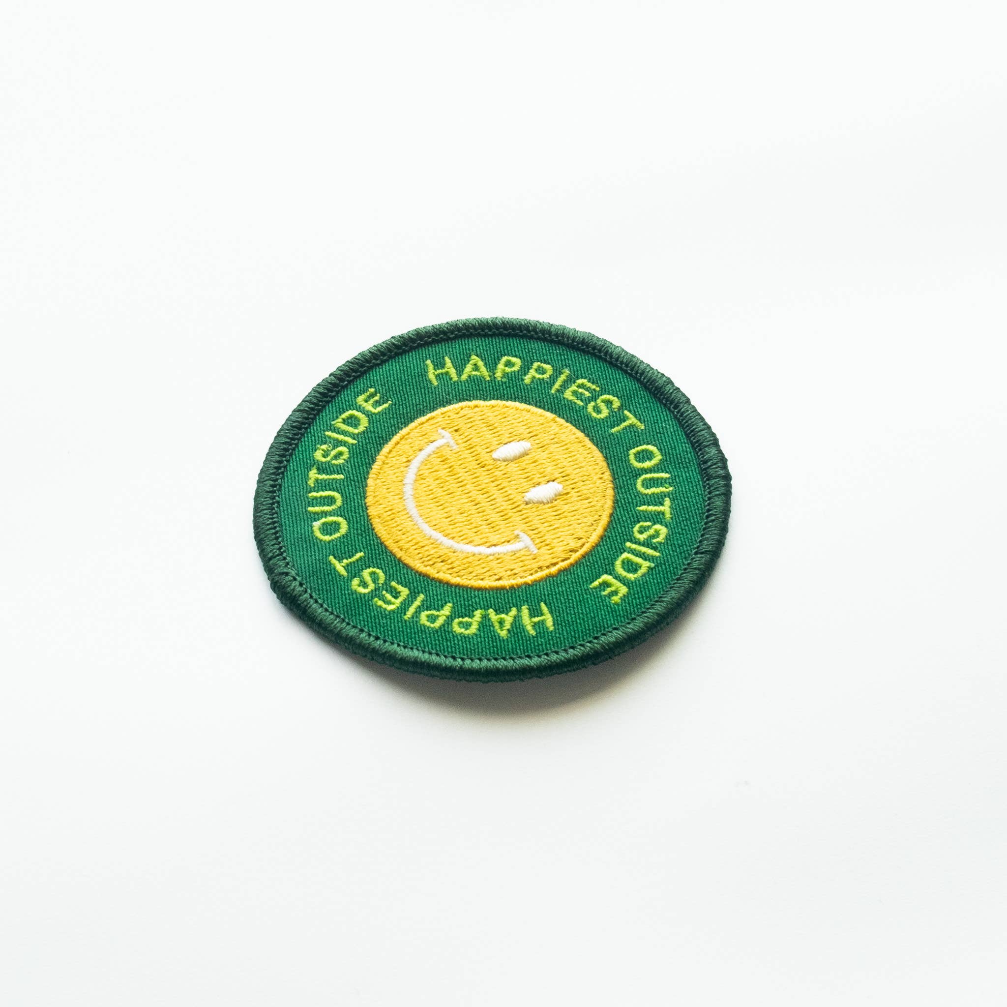 Happiest Outside Embroidered Iron on Patch - Smiley Face