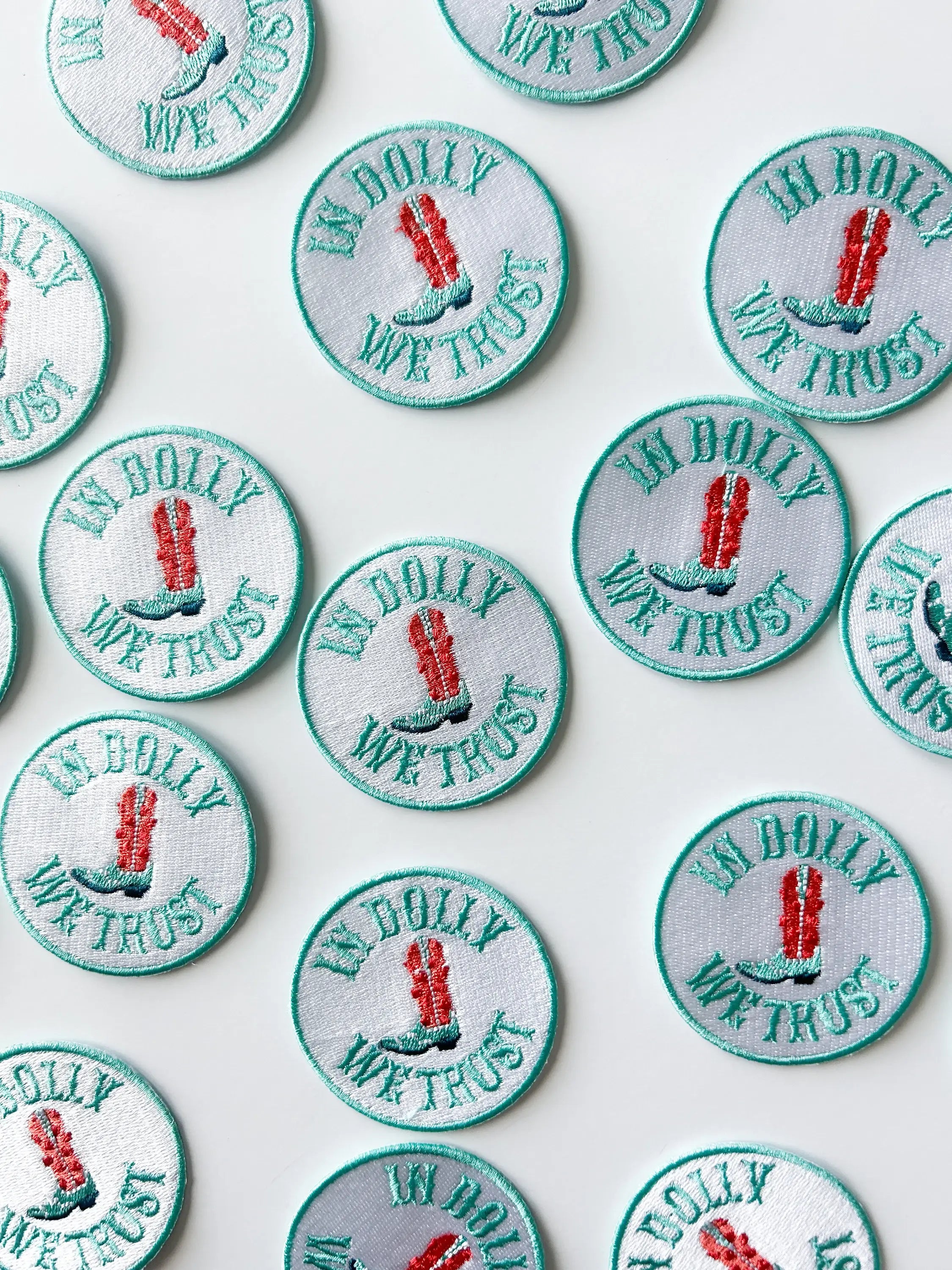 Turquoise In Dolly We Trust Embroidered Iron-On Patch