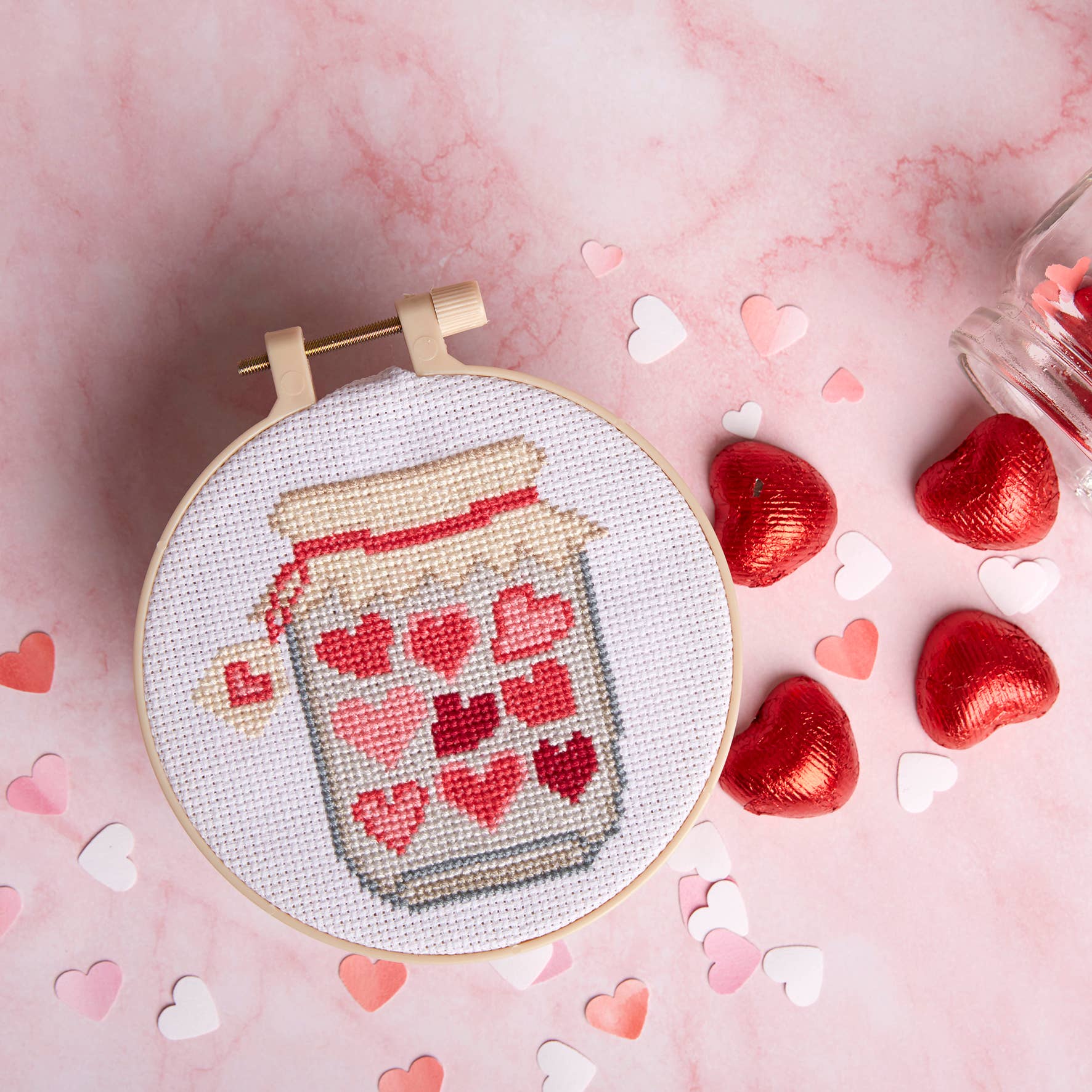 Simply Make Cross Stitch Craft Kit - Jar Of Hearts Design