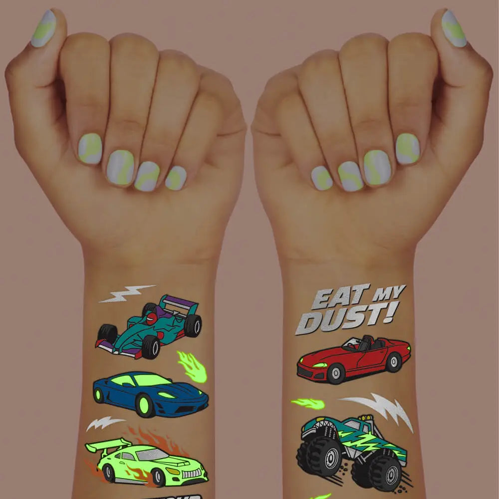 Racecar Glow in the Dark Kids Temporary Tattoos - Petit Fetti image 1