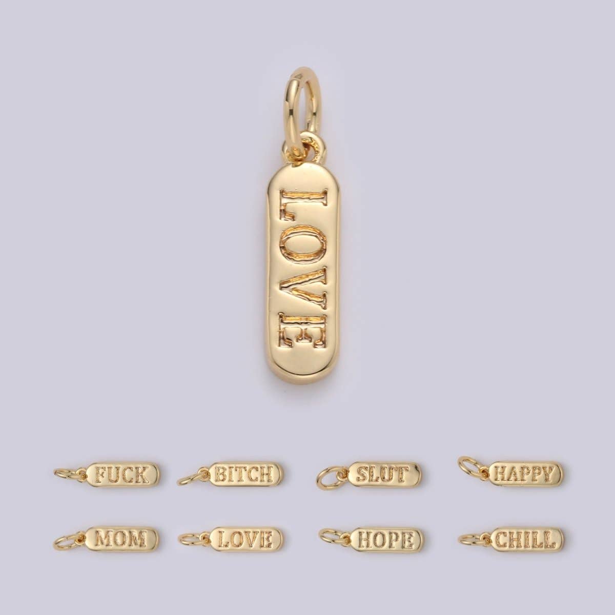 Dainty Gold Pill Bar Pendant, love mom hope happy chill words charm, 14K Gold Filed Pendant for Bracelet Necklace Earring Component Supply | D-506, D-323-D-330, D-747