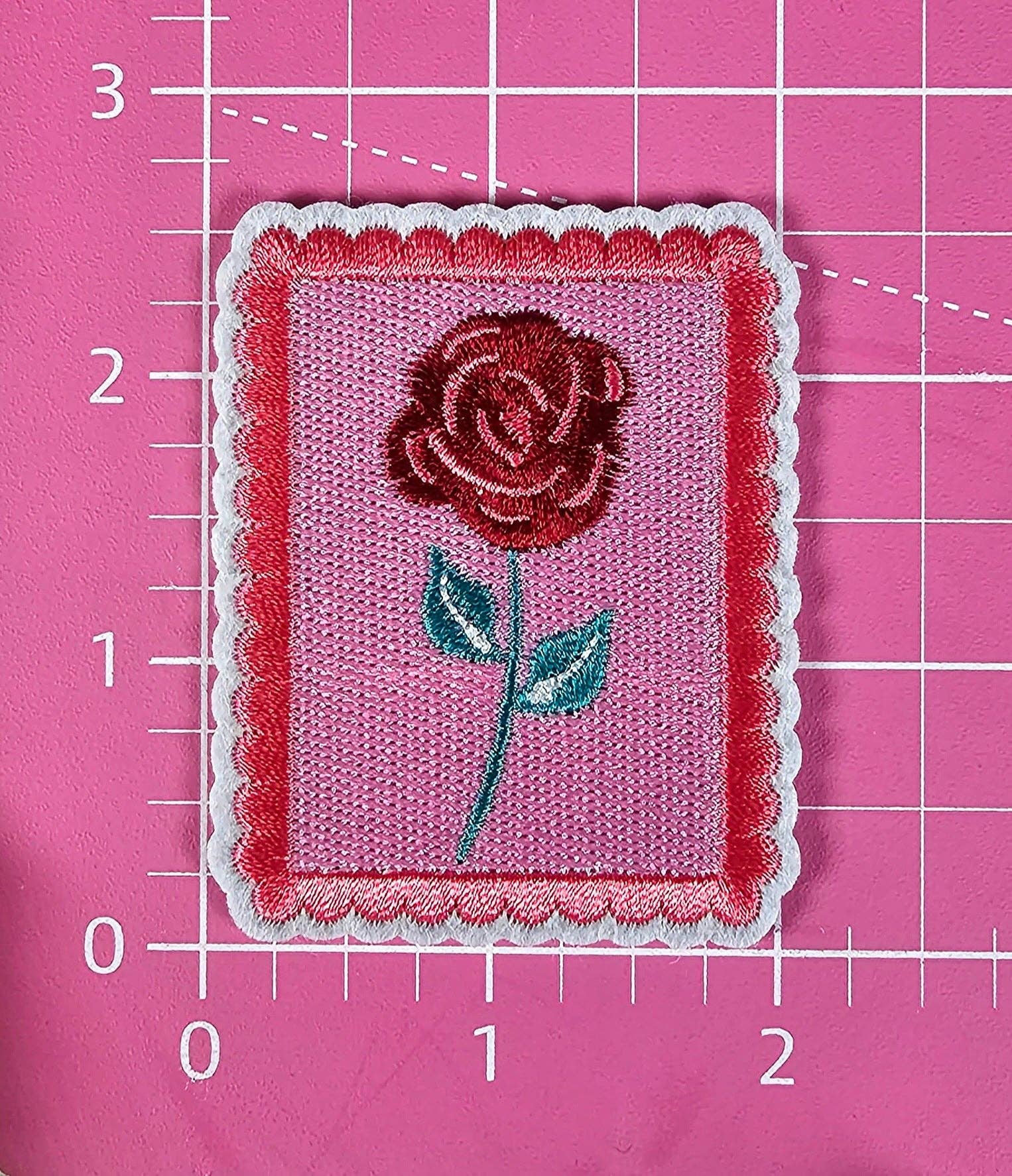 Red Rose Pink Stamp Vintage Embroidery Iron On Patch