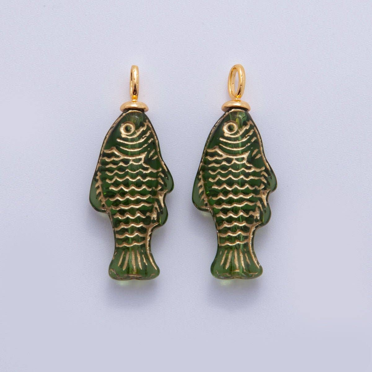 18K Gold Filled Green Gold Scaled Acrylic Multidimensional 3D Fish Drop Charm |