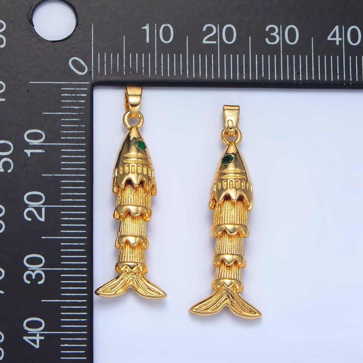 24K Gold Filled 35mm Green CZ Multidimensional Artisan Fish Charm | AA967