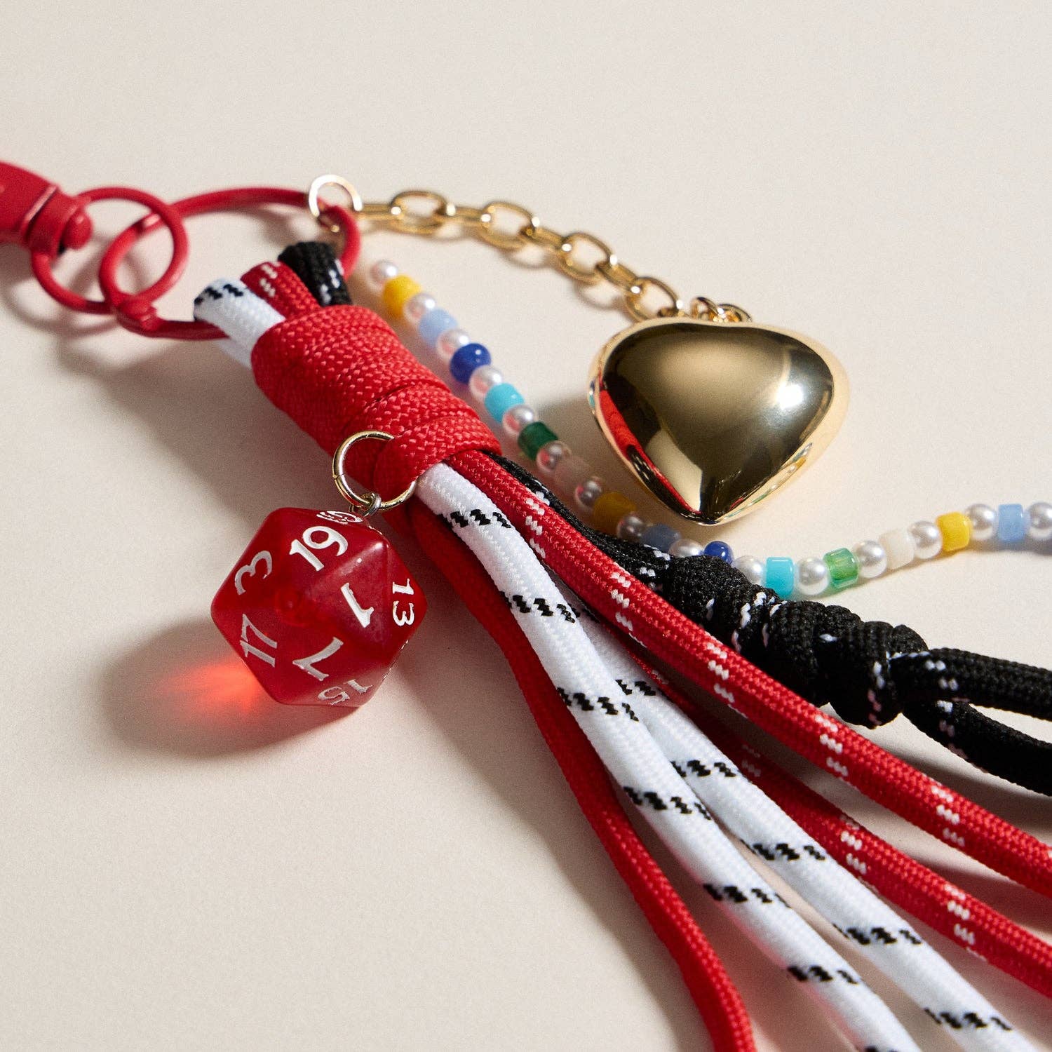 Gold D20 Dice and Heart | Charm Keychain with Red Rope Accent