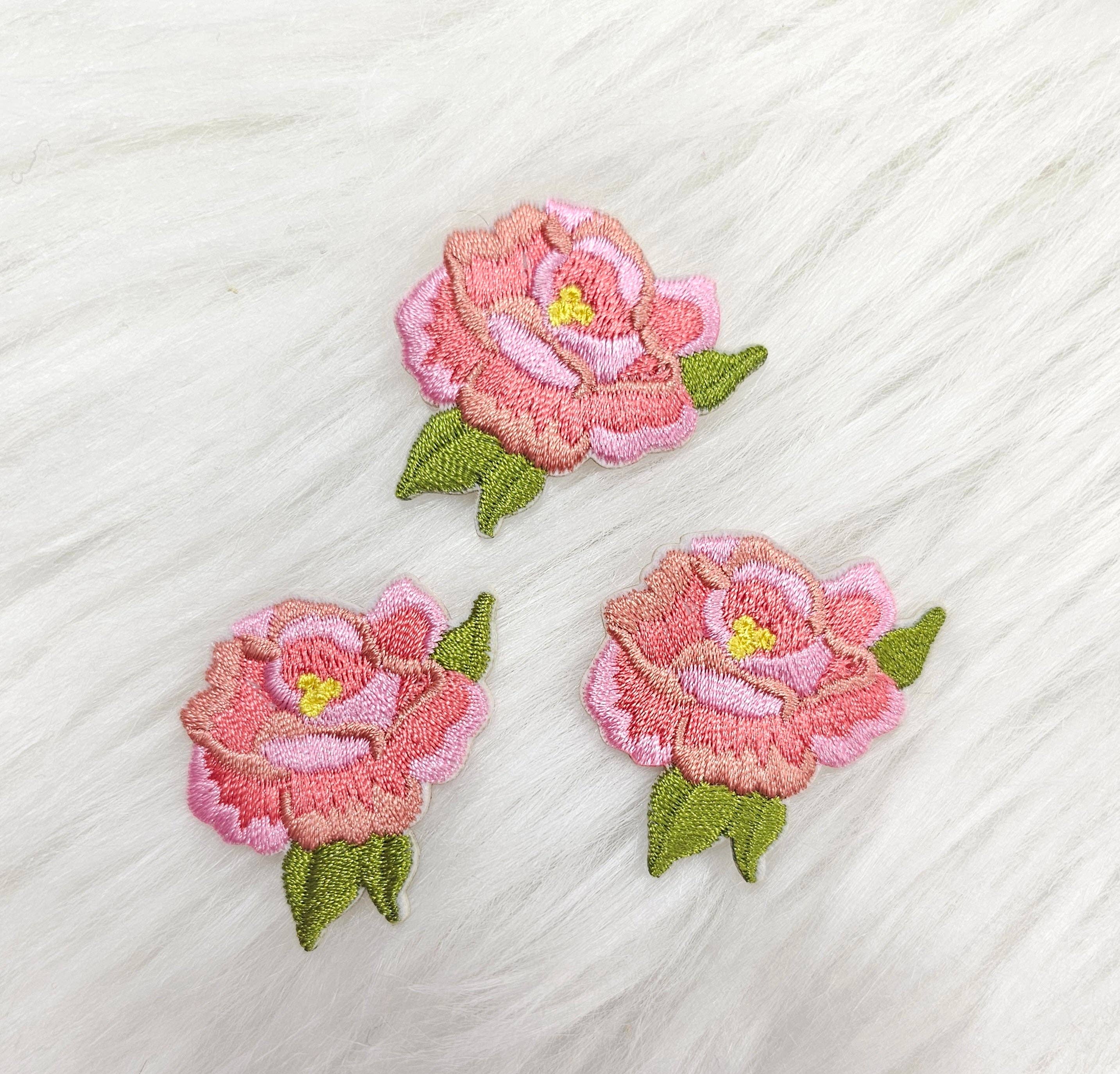 Small Pink Peony Rose Flower Embroidery Iron On Patch