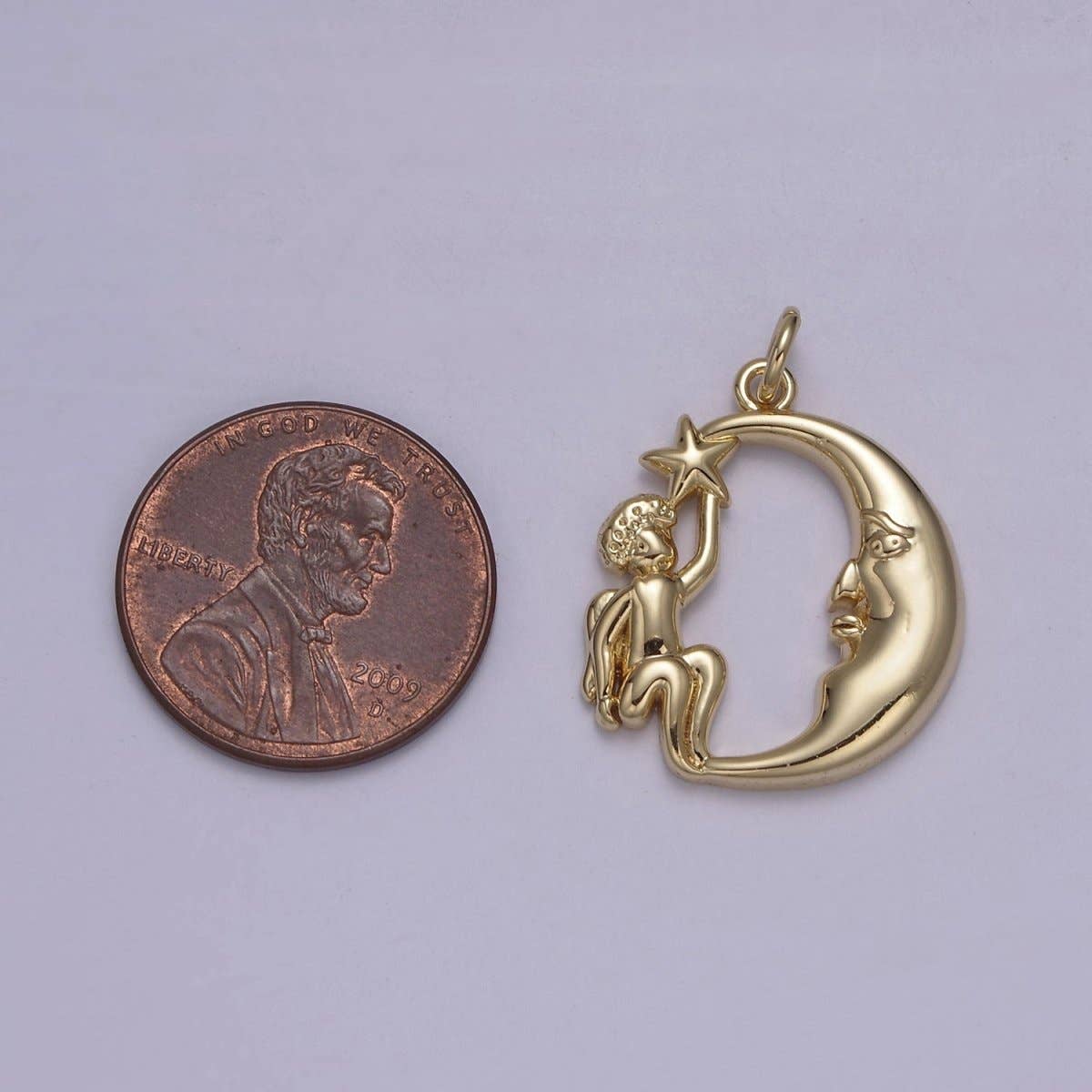 Dainty Gold Angel Holding Star with Crescent Moon