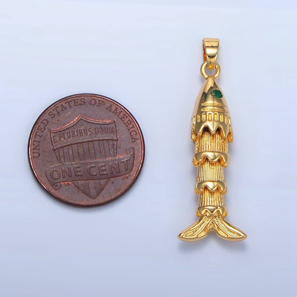 24K Gold Filled 35mm Green CZ Multidimensional Artisan Fish Charm | AA967