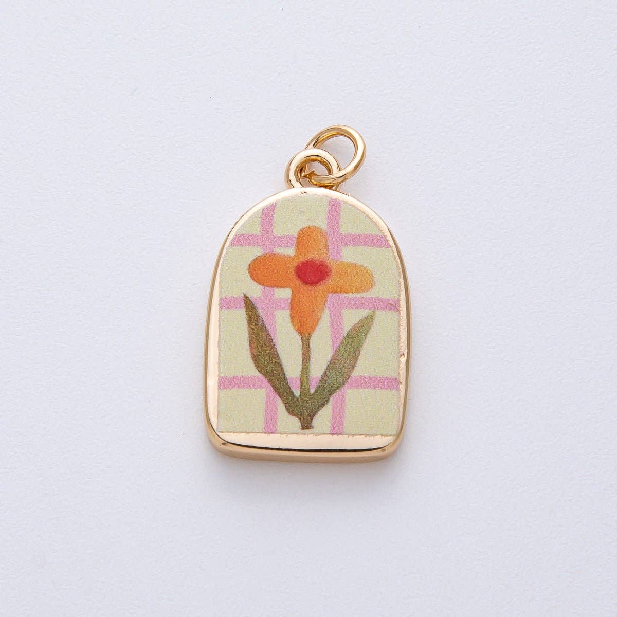 18K Gold Filled 23mm Orange Flower Green Pink Enamel Charm |