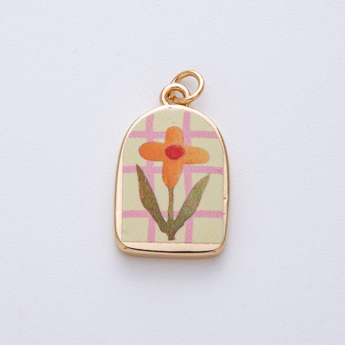 18K Gold Filled 23mm Orange Flower Green Pink Enamel Charm |