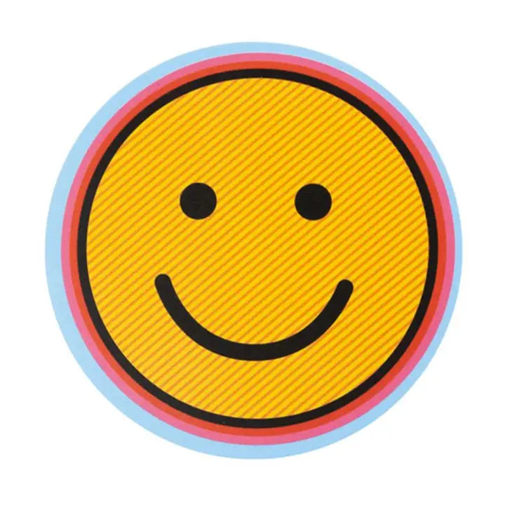 Smiley face patch with a yellow center, black outline, and multicolored border on a white background.