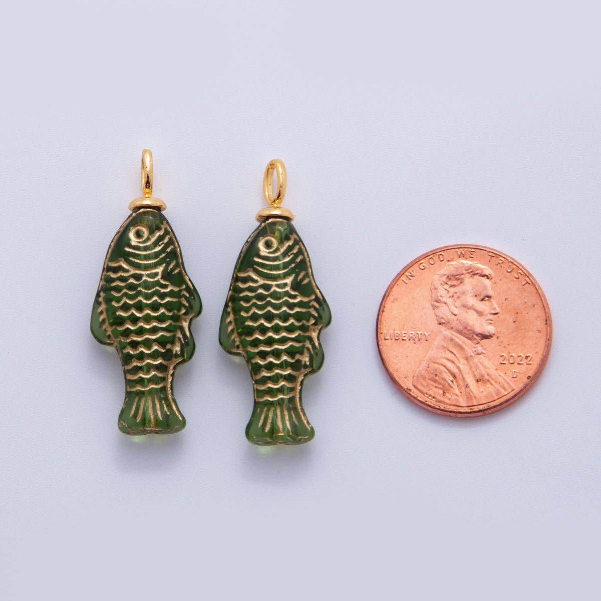 18K Gold Filled Green Gold Scaled Acrylic Multidimensional 3D Fish Drop Charm |