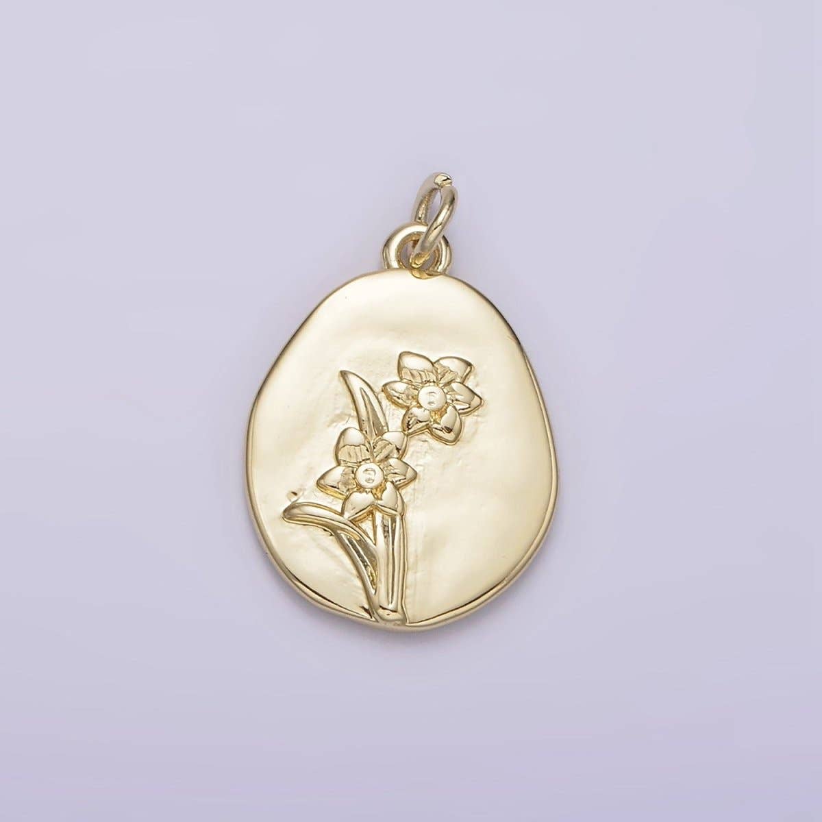 14K Gold Filled Daffodil March Birth Flower Hammered Stamped Personalized Double Sided Charm |