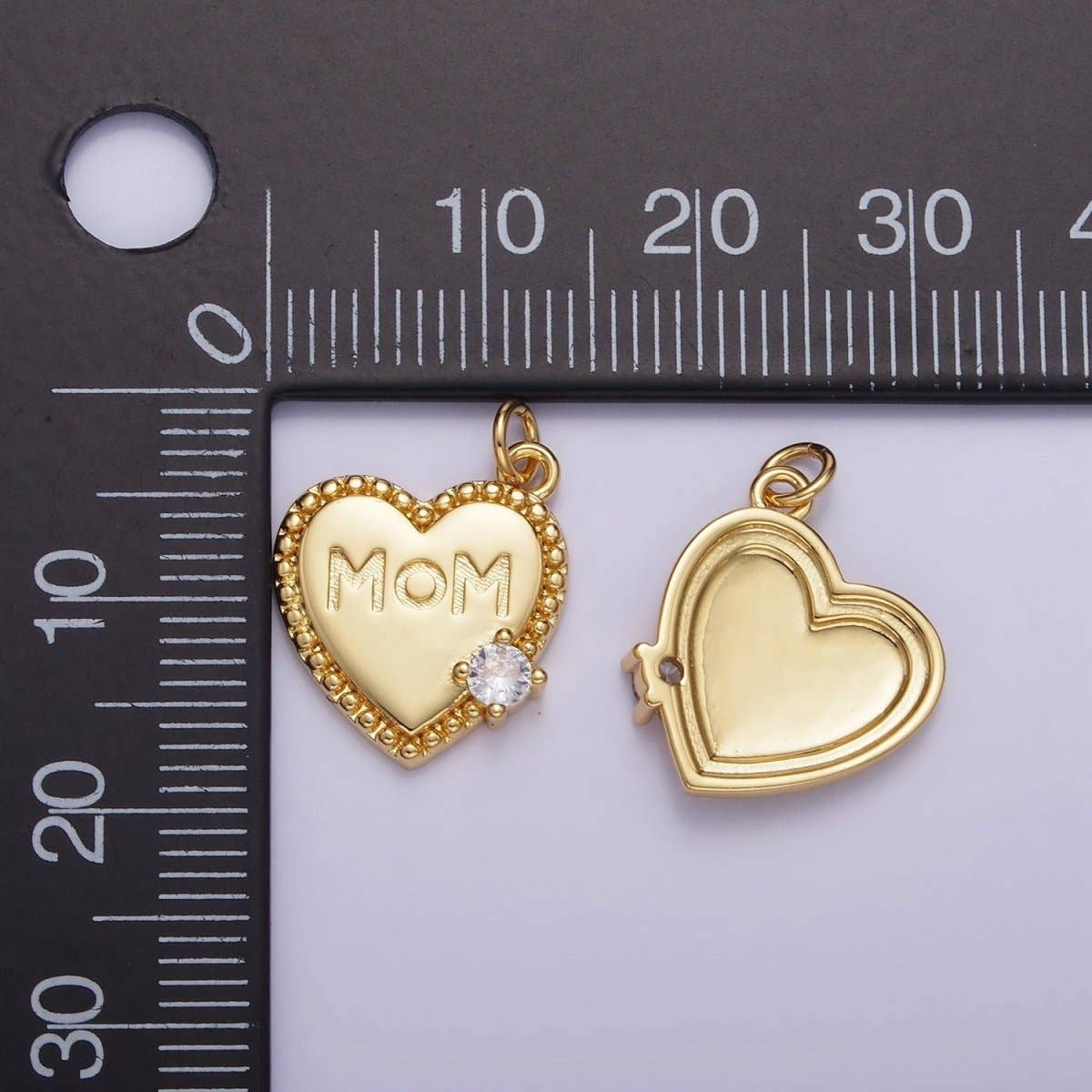 14K Gold Filled CZ "MOM" Script Beaded Bezel Charm |