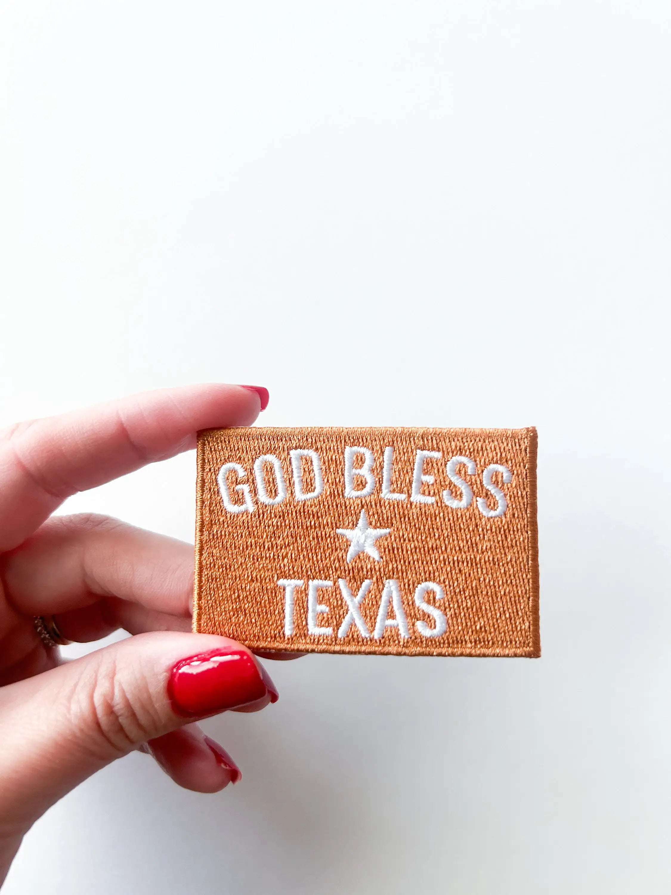 God Bless Texas Embroidered Iron On Patch Orange Western