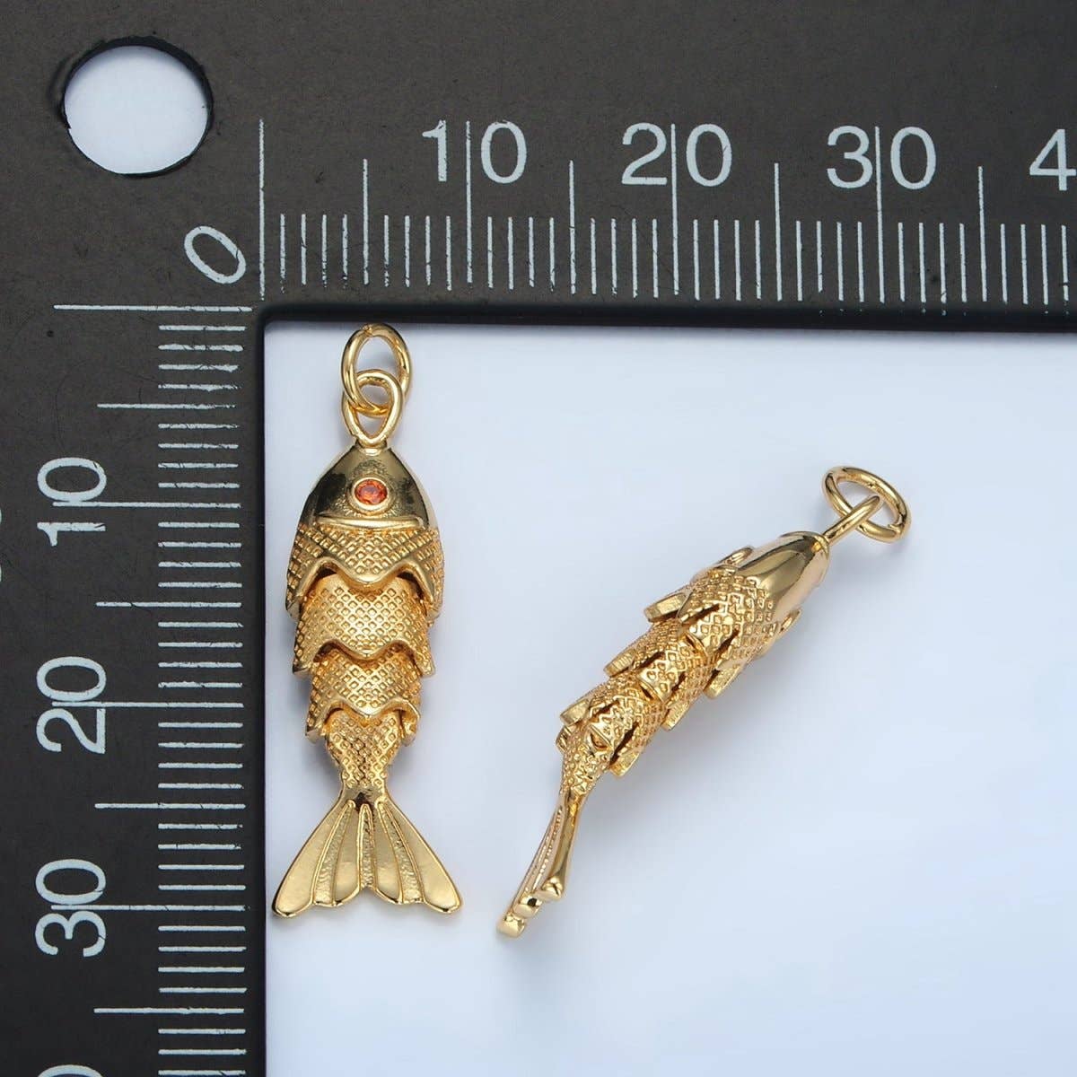 24K Gold Filled 30mm Orange CZ Multidimensional Textured Fish Sea Animal Charm |