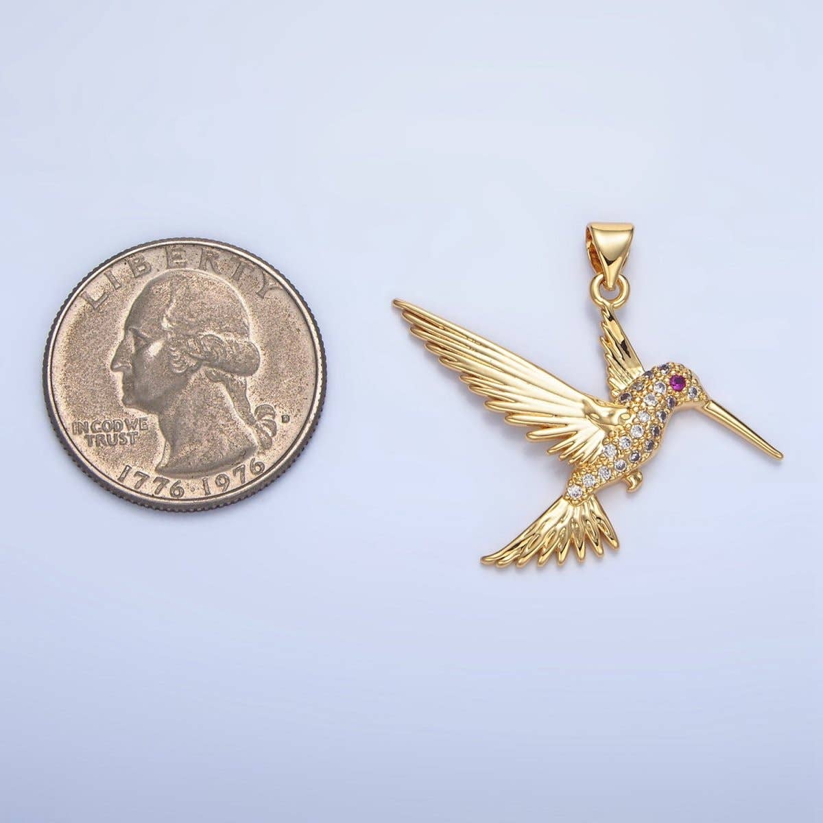 24K Gold Filled Fuchsia Eyed Micro Paved CZ Hummingbird Animal Pendant |
