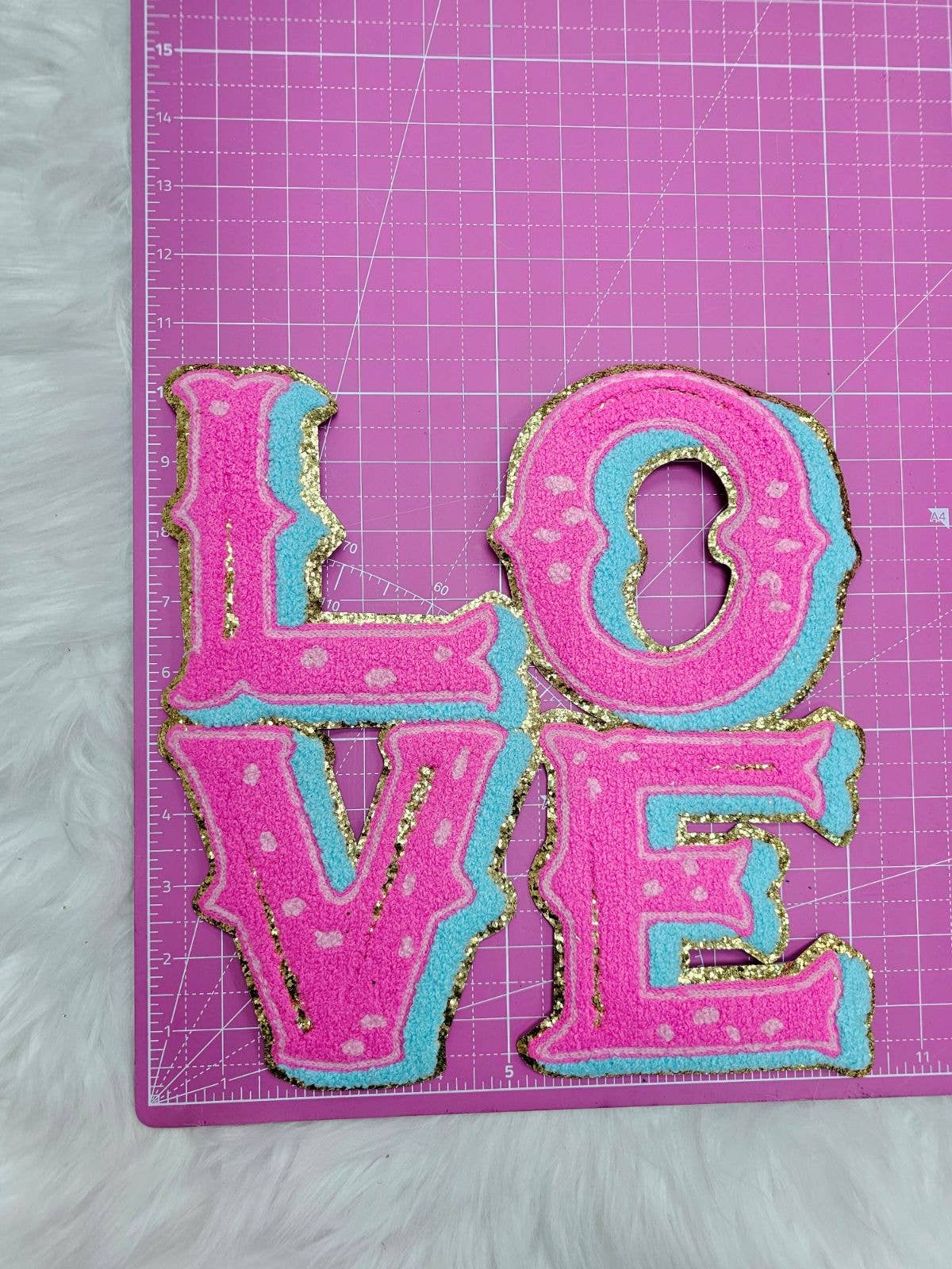 LARGE! Preppy Pink LOVE on Gold Glitter Chenille Iron-on Patch