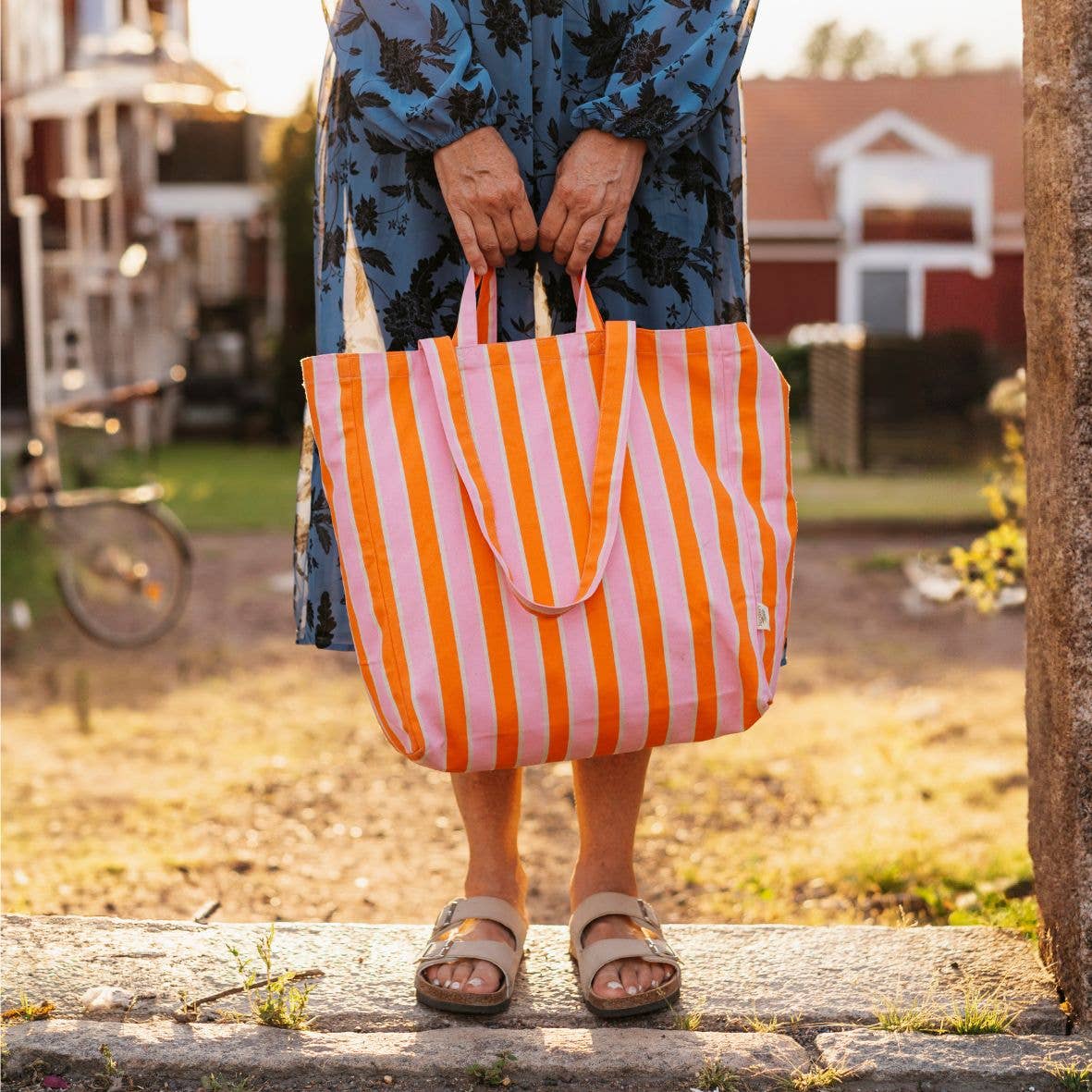 OMOM Organic Tote Bag ORIGINAL - Striped PINK/ORANGE