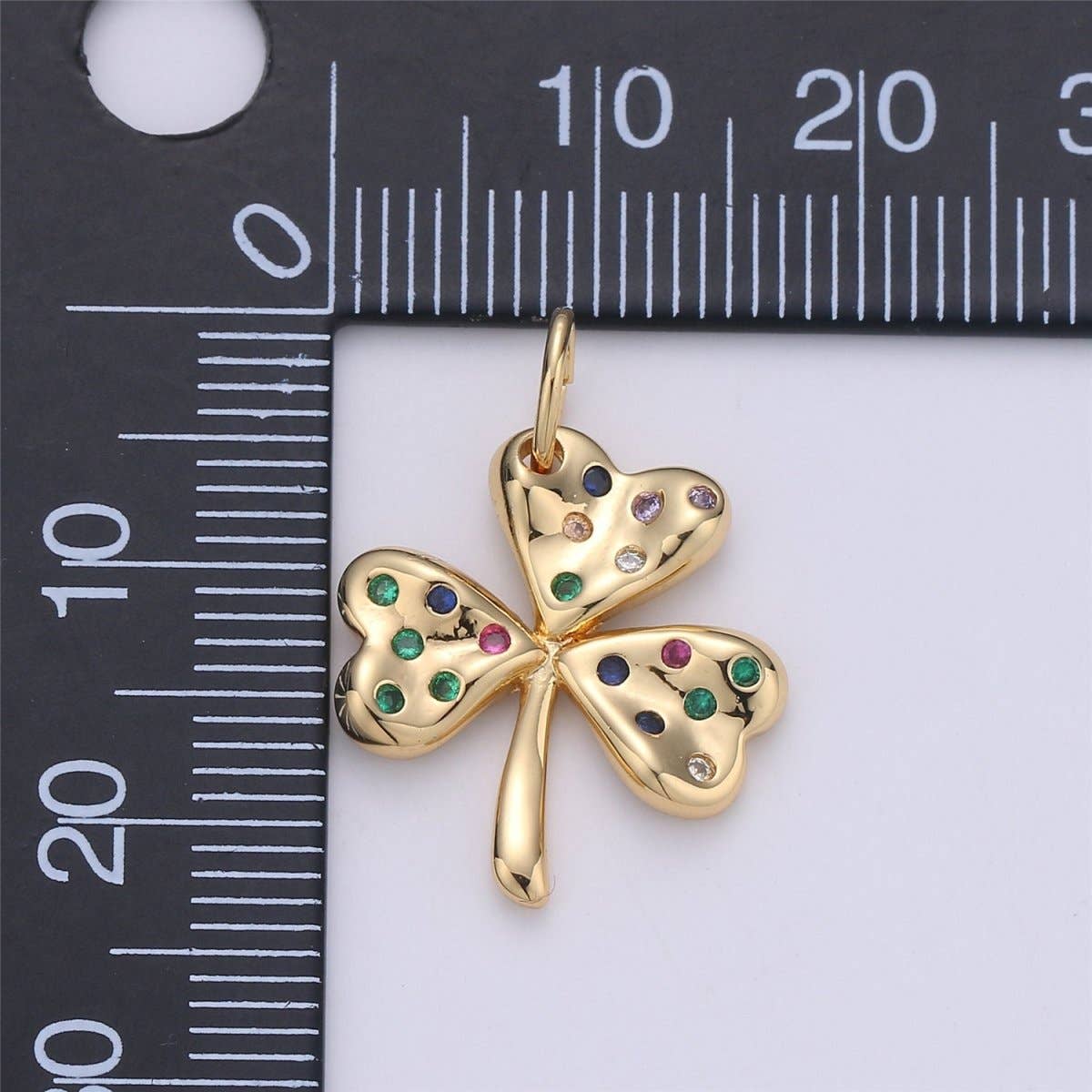 24K Gold Filled Rustic Lucky Charm Good Luck 4 Leaves Clover with Multi Color Rainbow CZ Stone for Necklace or Bracelet | M-892