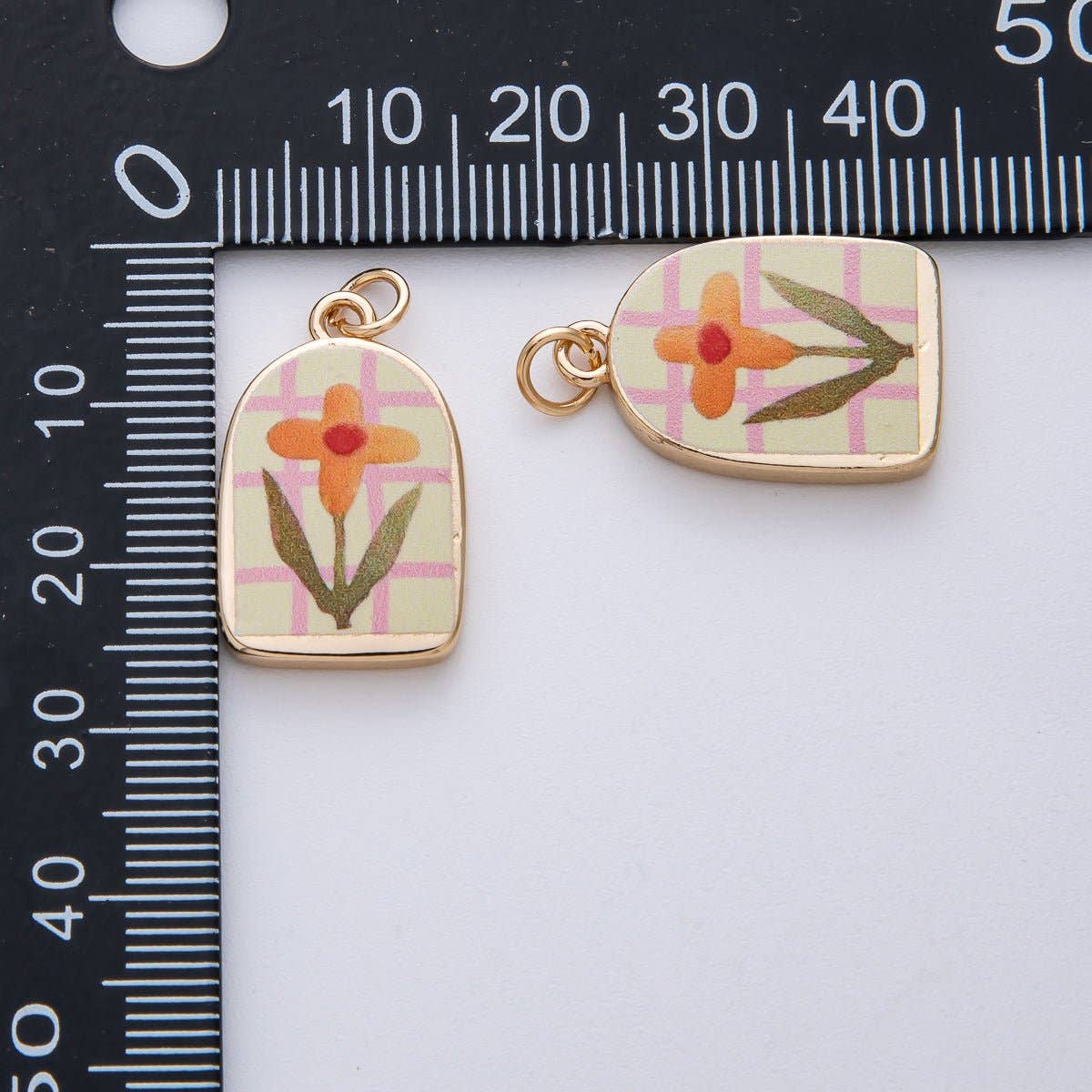 18K Gold Filled 23mm Orange Flower Green Pink Enamel Charm |