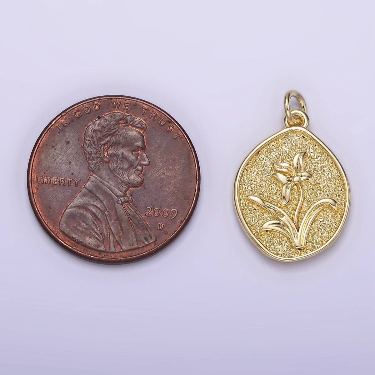 14K Gold Filled Lily May Birth Flower Hammered Stamped Personalized Double Sided Charm |