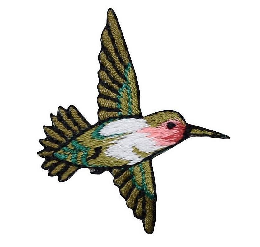 Small Ruby Red Throat Hummingbird Flying Right Iron on Patch