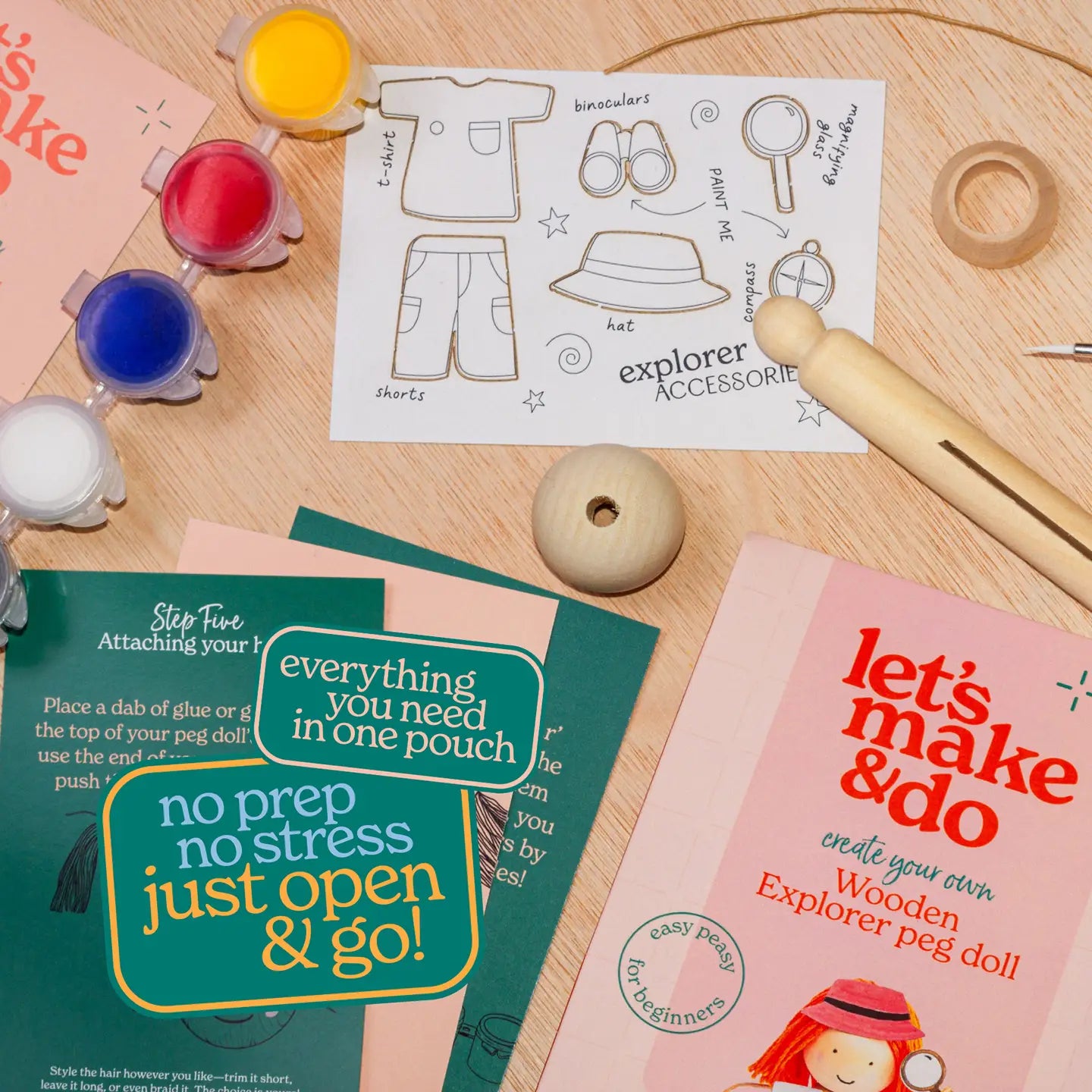 Let's Make & Do Create Your Own Explorer Wooden Peg Doll Kit image 1