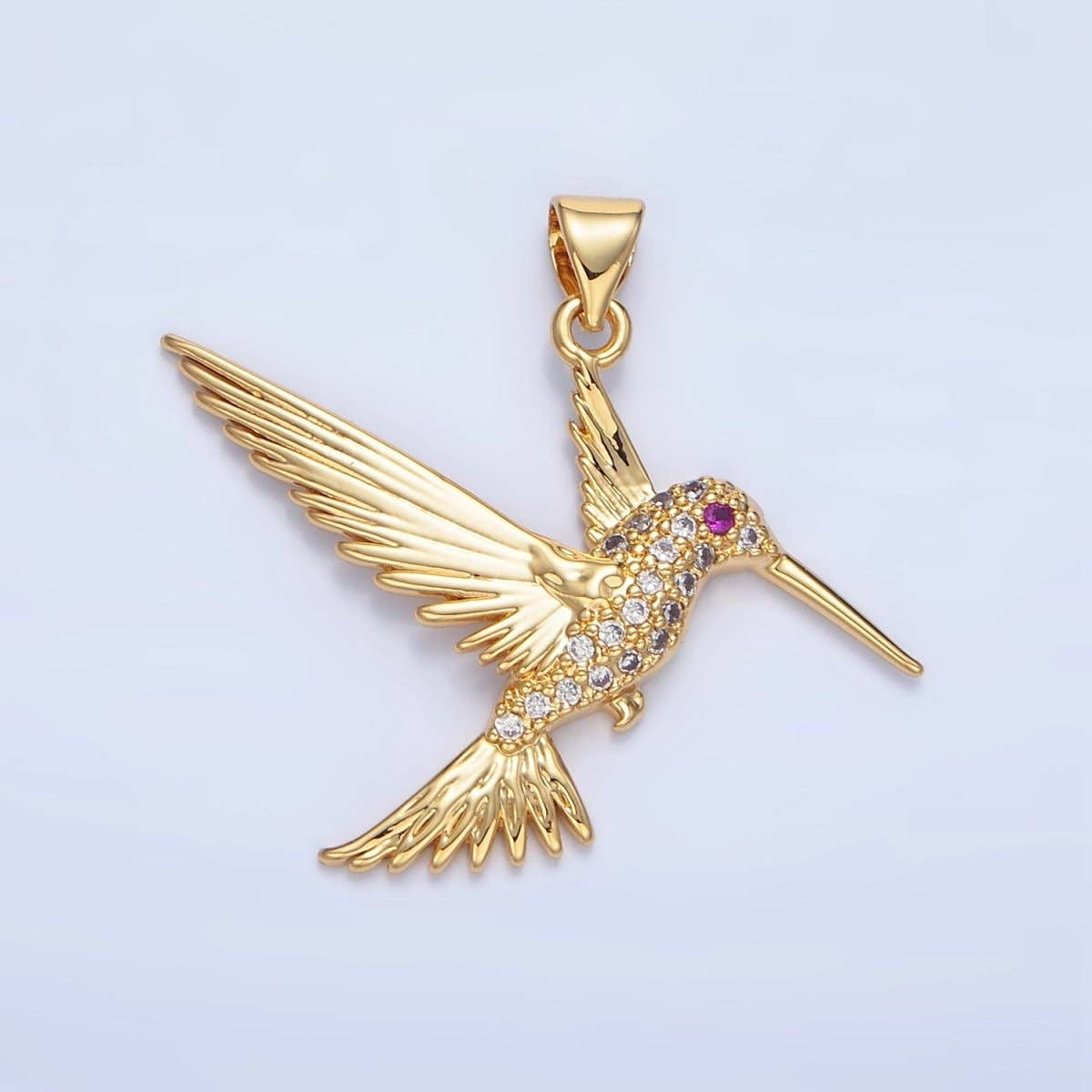 24K Gold Filled Fuchsia Eyed Micro Paved CZ Hummingbird Animal Pendant |