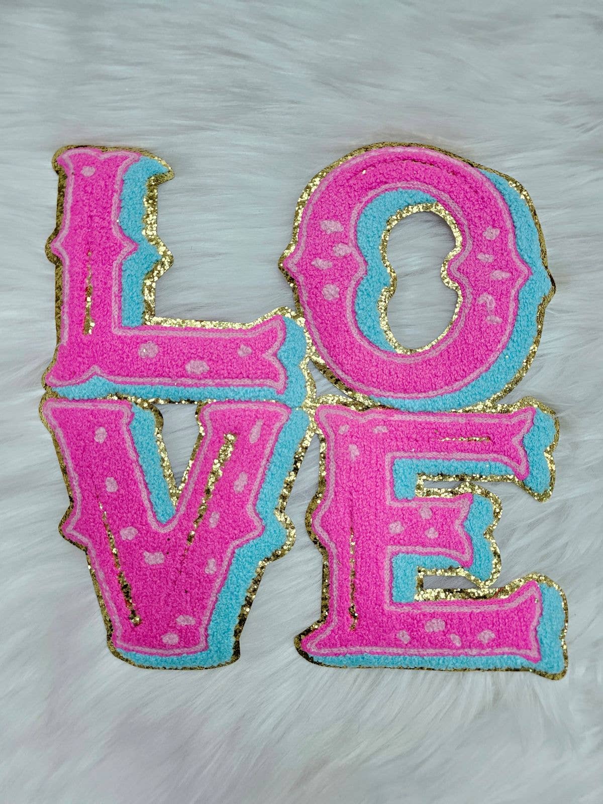 LARGE! Preppy Pink LOVE on Gold Glitter Chenille Iron-on Patch
